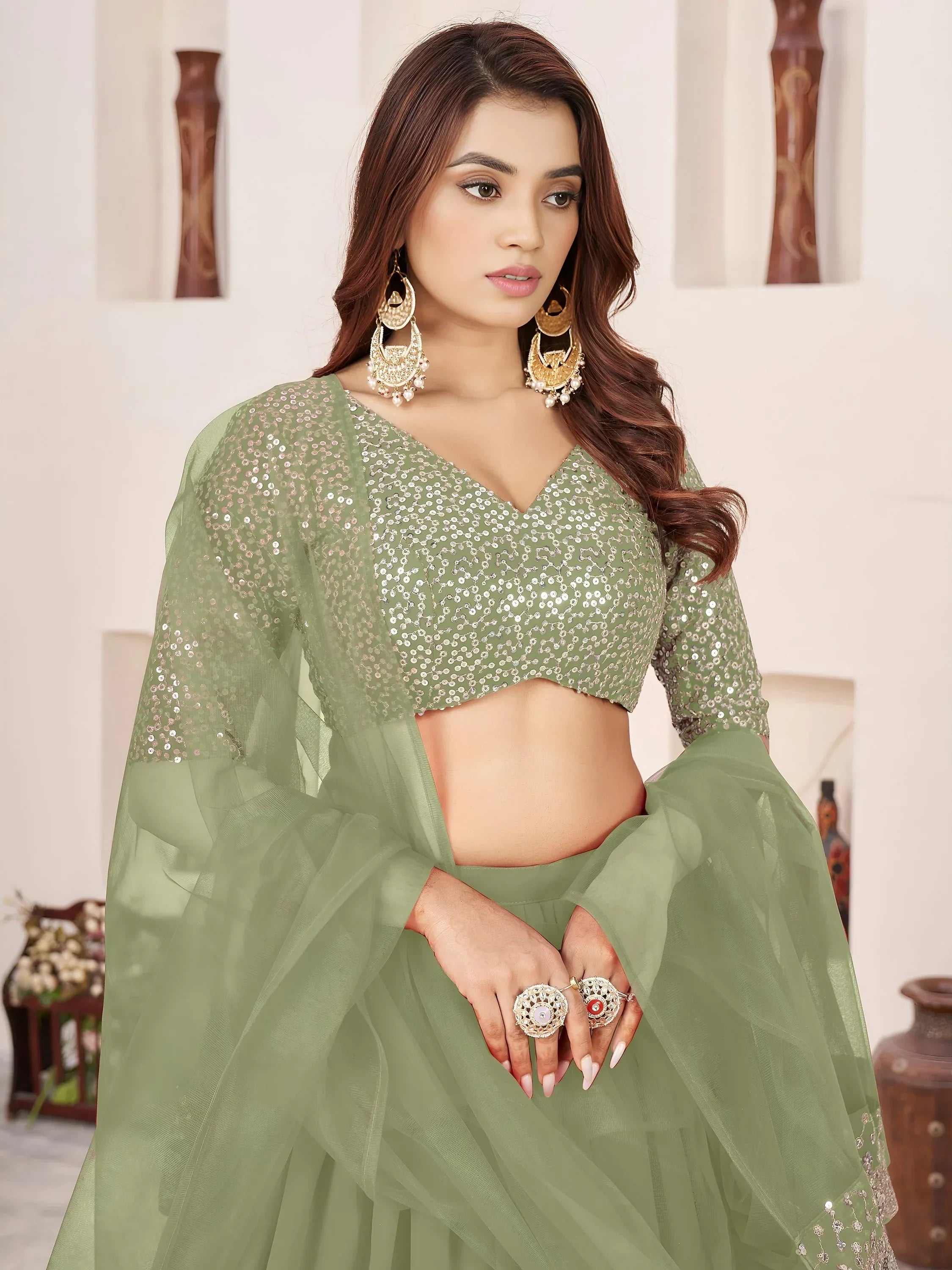 Amazing Olive Green Sequins Georgette Wedding Wear Lehenga Choli