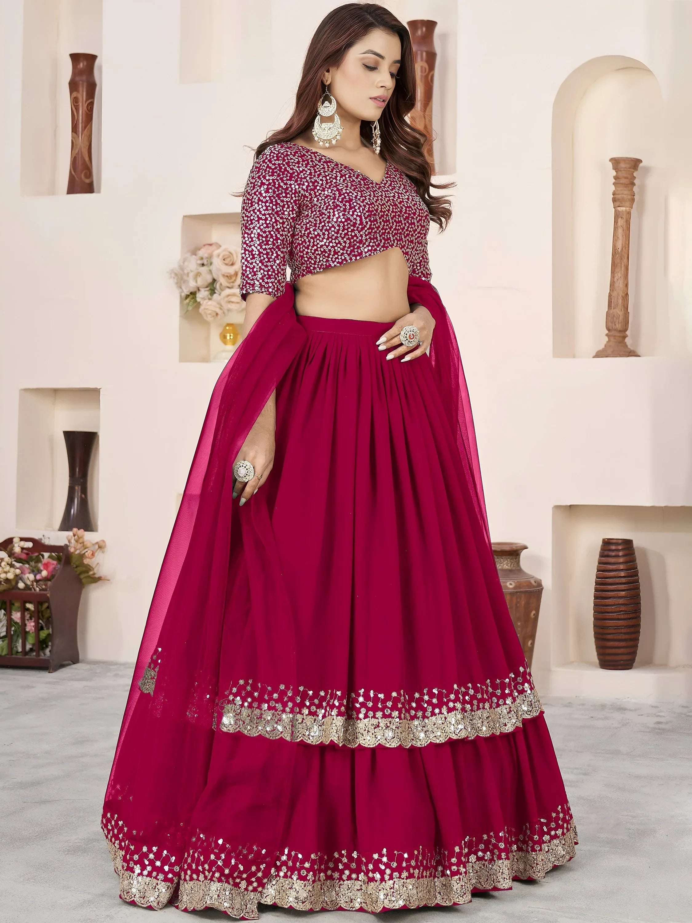 Beautiful Pink Sequins Georgette Wedding Wear Lehenga Choli