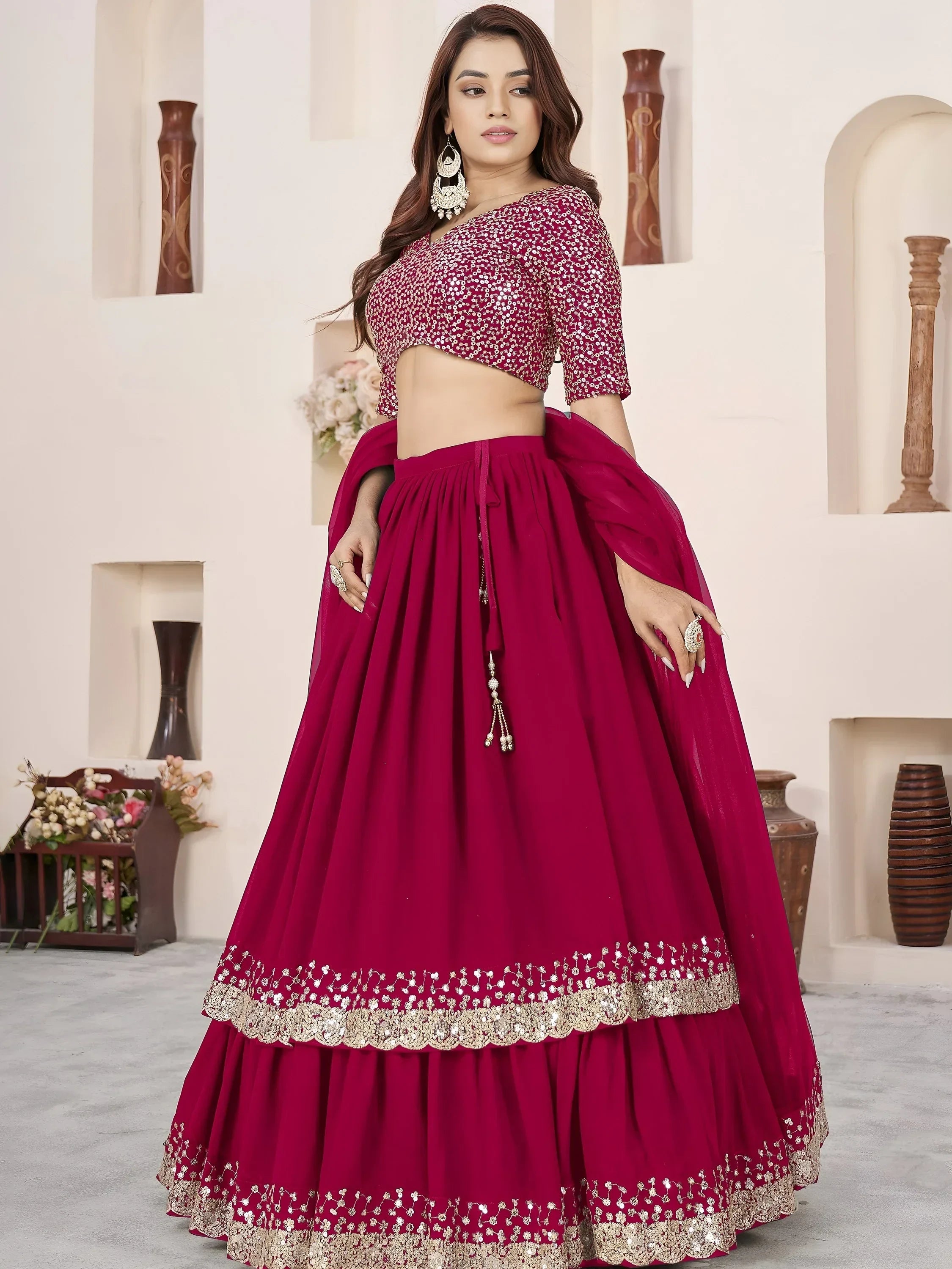 Beautiful Pink Sequins Georgette Wedding Wear Lehenga Choli