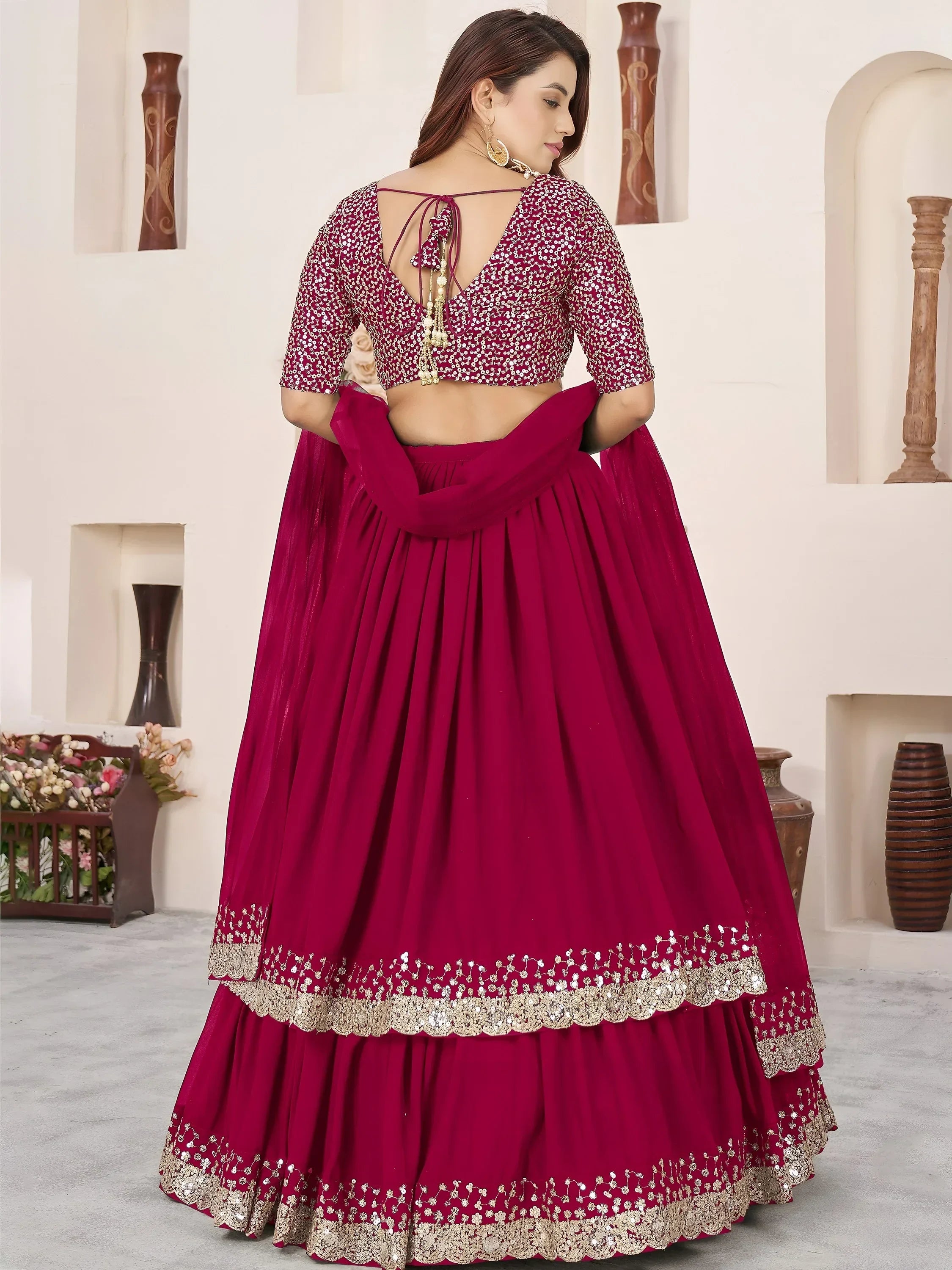 Beautiful Pink Sequins Georgette Wedding Wear Lehenga Choli