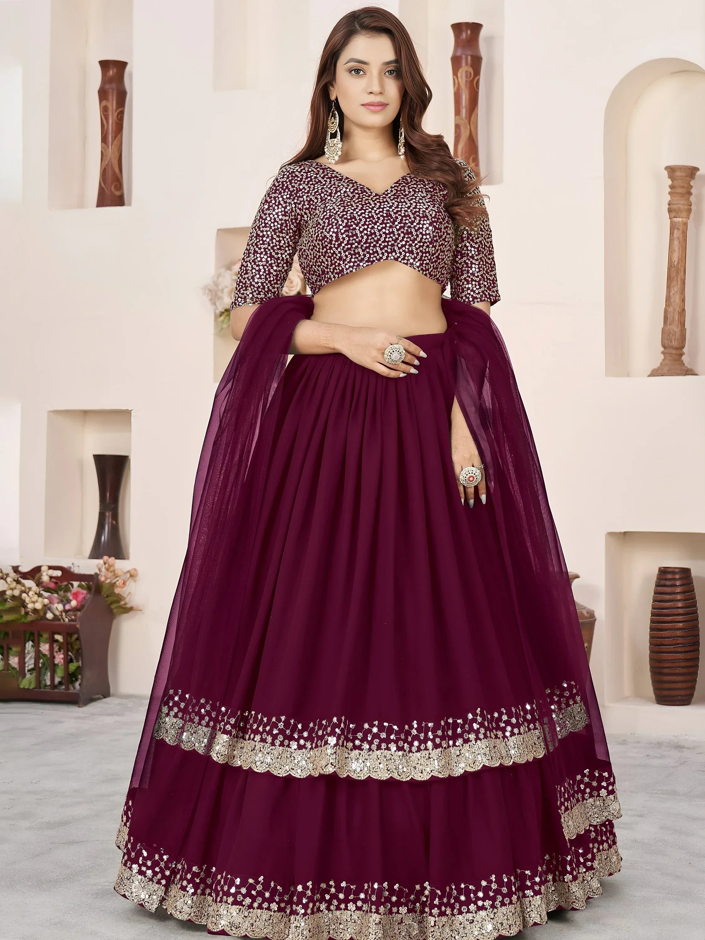 Charming Purple Sequins Georgette Engagement Wear Lehenga Choli