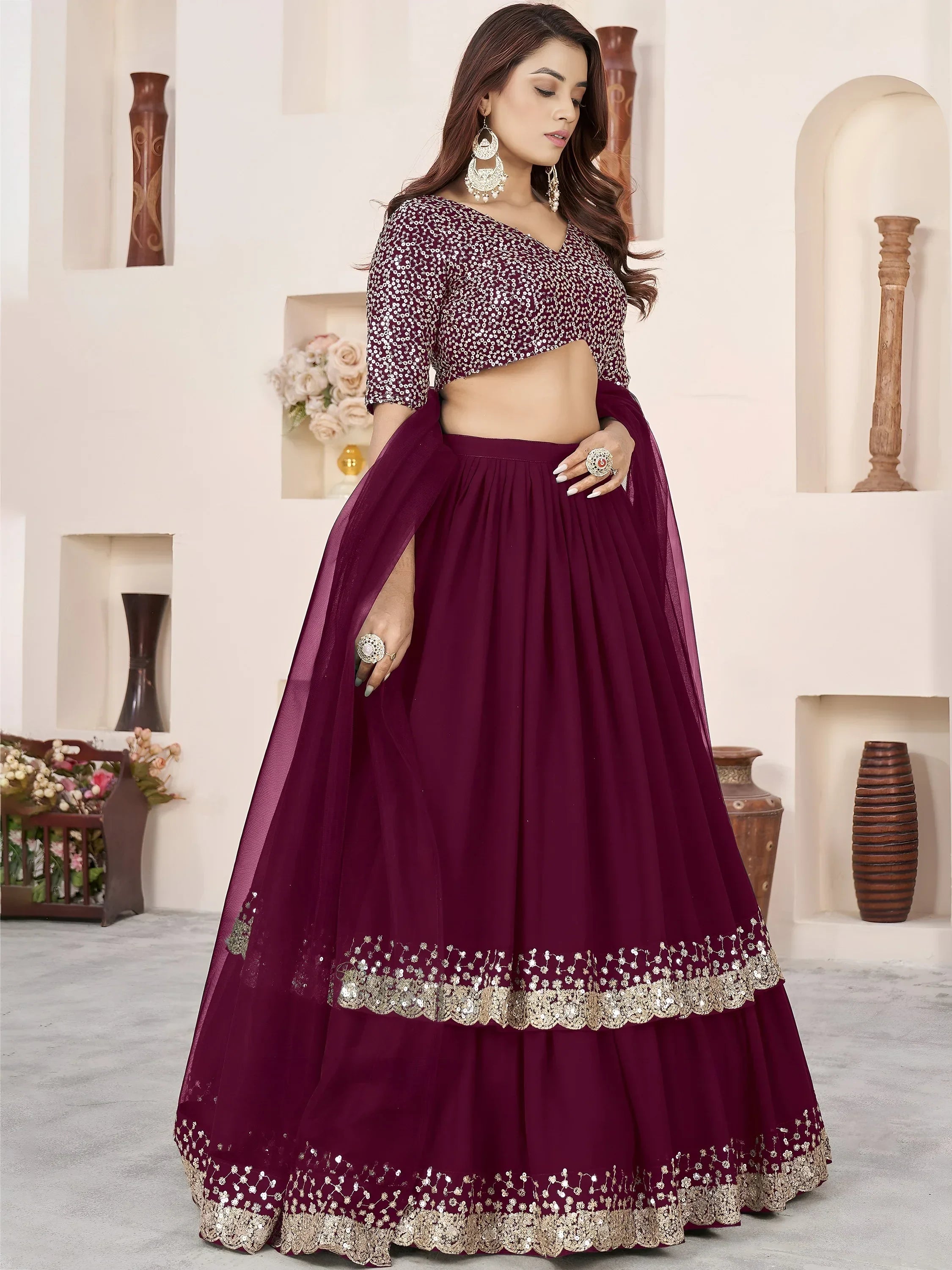 Charming Purple Sequins Georgette Engagement Wear Lehenga Choli