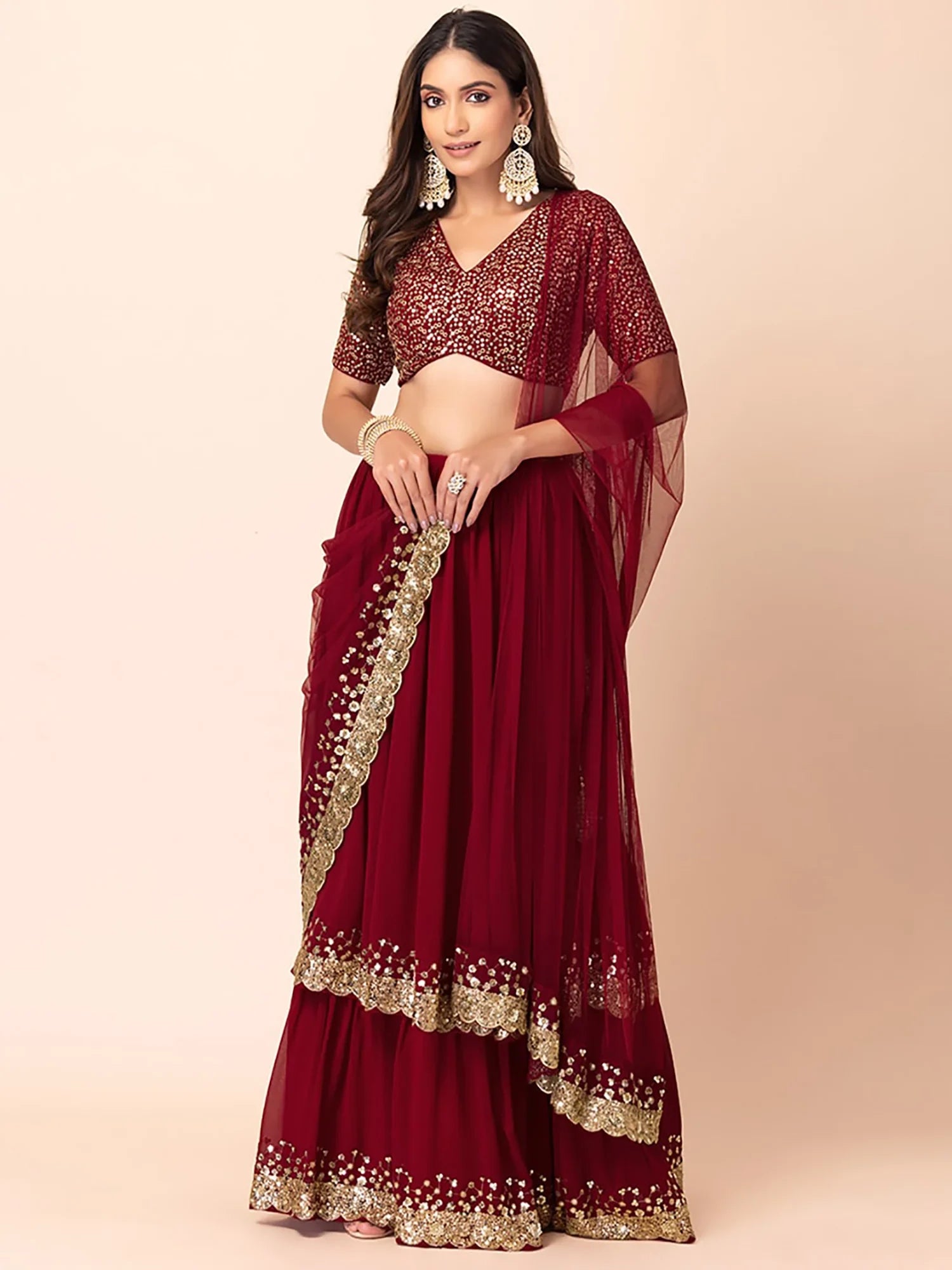 Wonderful Maroon Sequins Georgette Party Wear Lehenga Choli