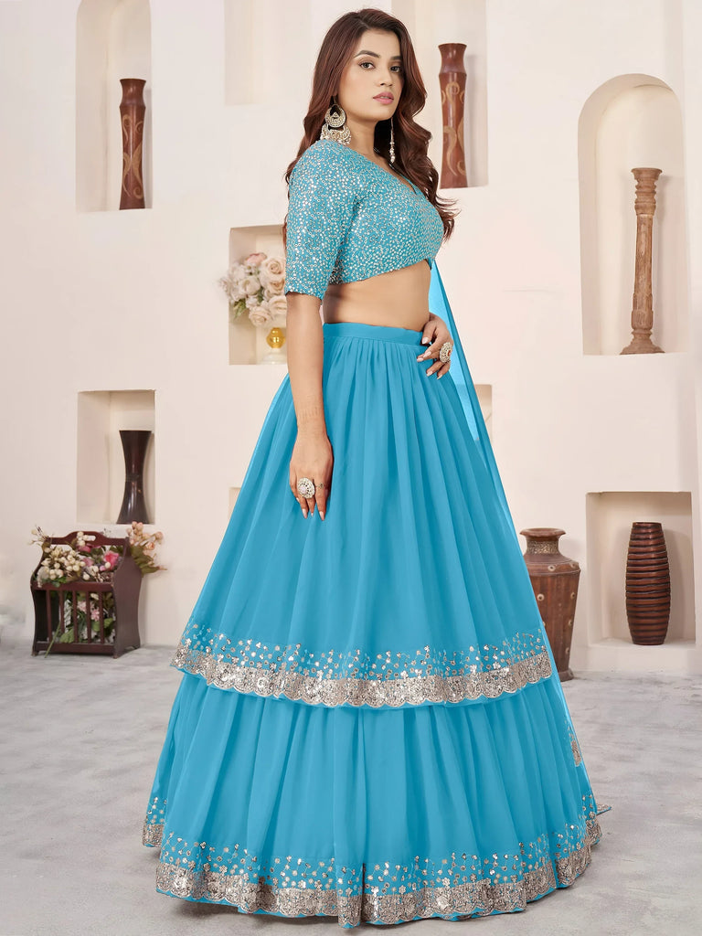 Dazzling Sky Blue Sequins Georgette Sangeet Wear Lehenga Choli