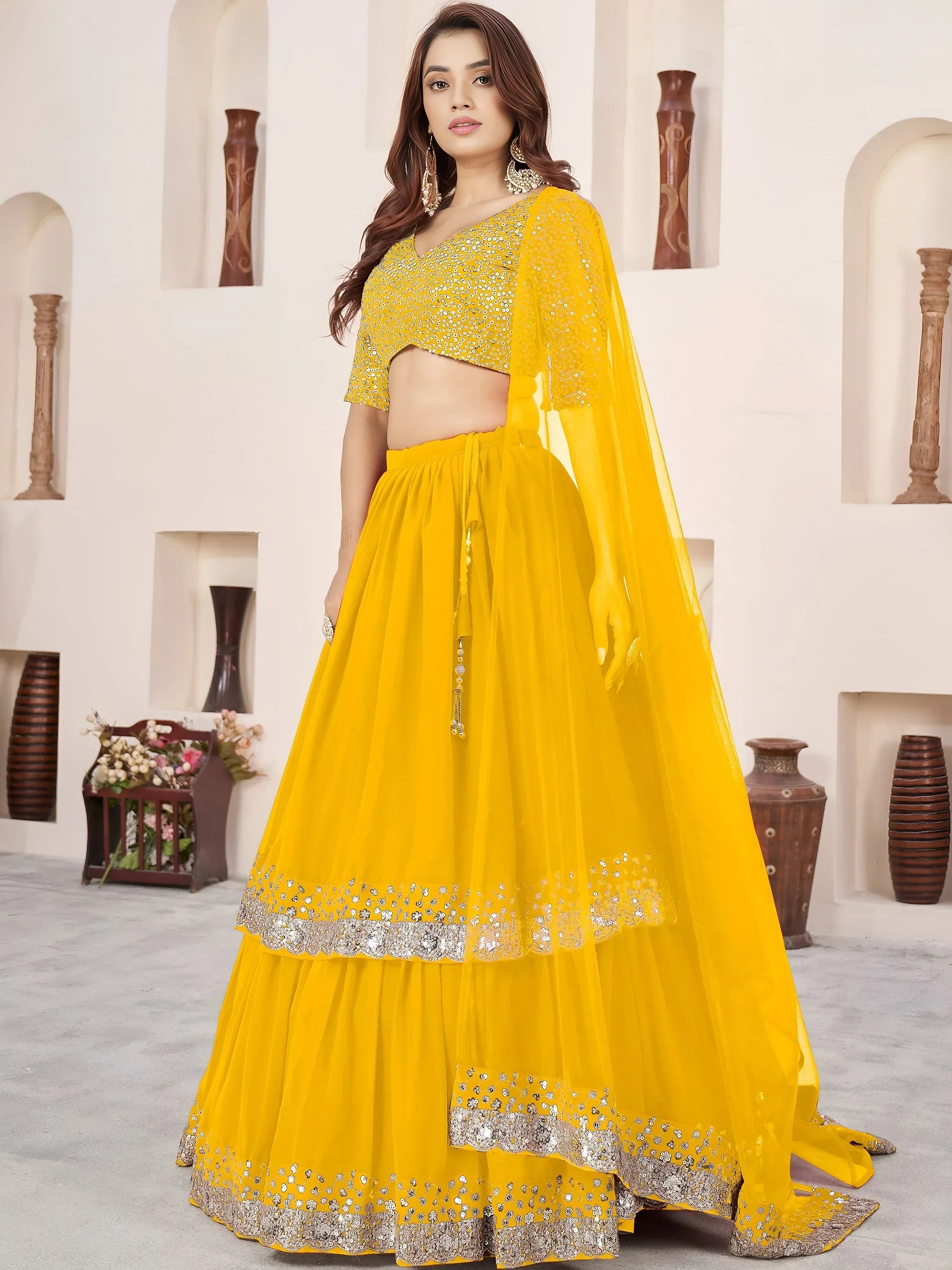 Stunning Yellow Sequins Georgette Haldi Wear Lehenga Choli