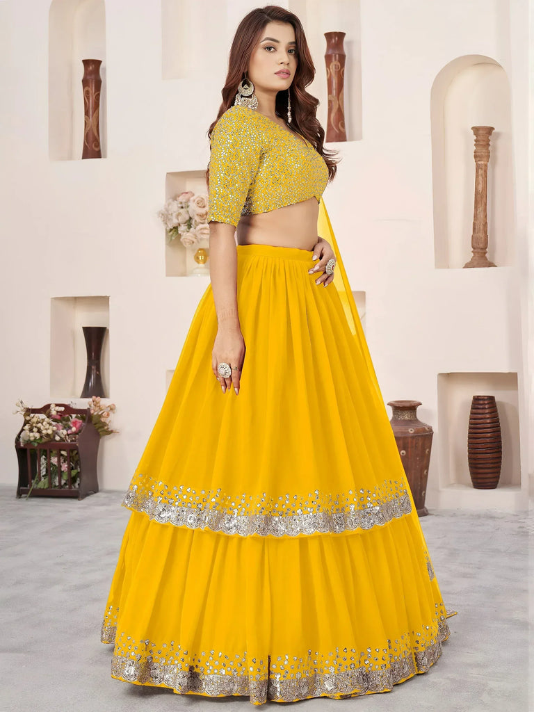 Stunning Yellow Sequins Georgette Haldi Wear Lehenga Choli