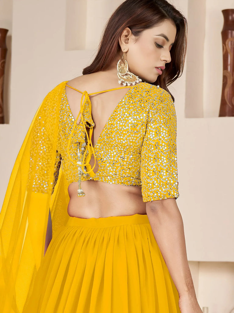 Stunning Yellow Sequins Georgette Haldi Wear Lehenga Choli