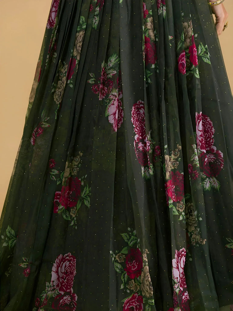 Beautiful Green Floral Printed Organza Lehenga Choli With Dupatta