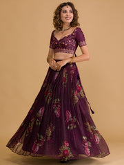 Stunning Wine Floral Digital Organza Festival Wear Lehenga Choli