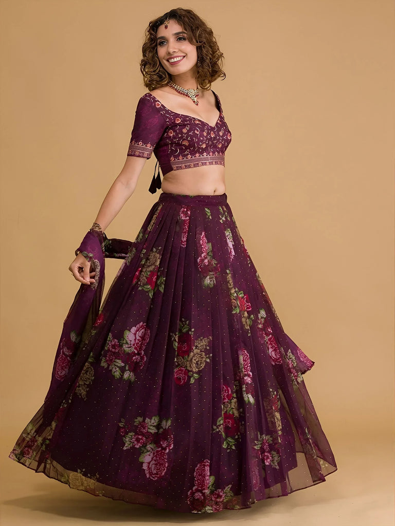 Stunning Wine Floral Digital Organza Festival Wear Lehenga Choli