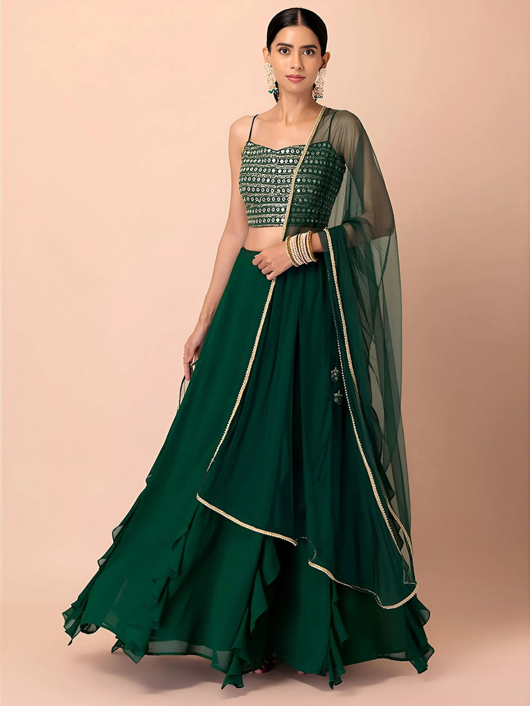 Beautiful Green Georgette Mehendi Wear Lehenga With Sequins Choli