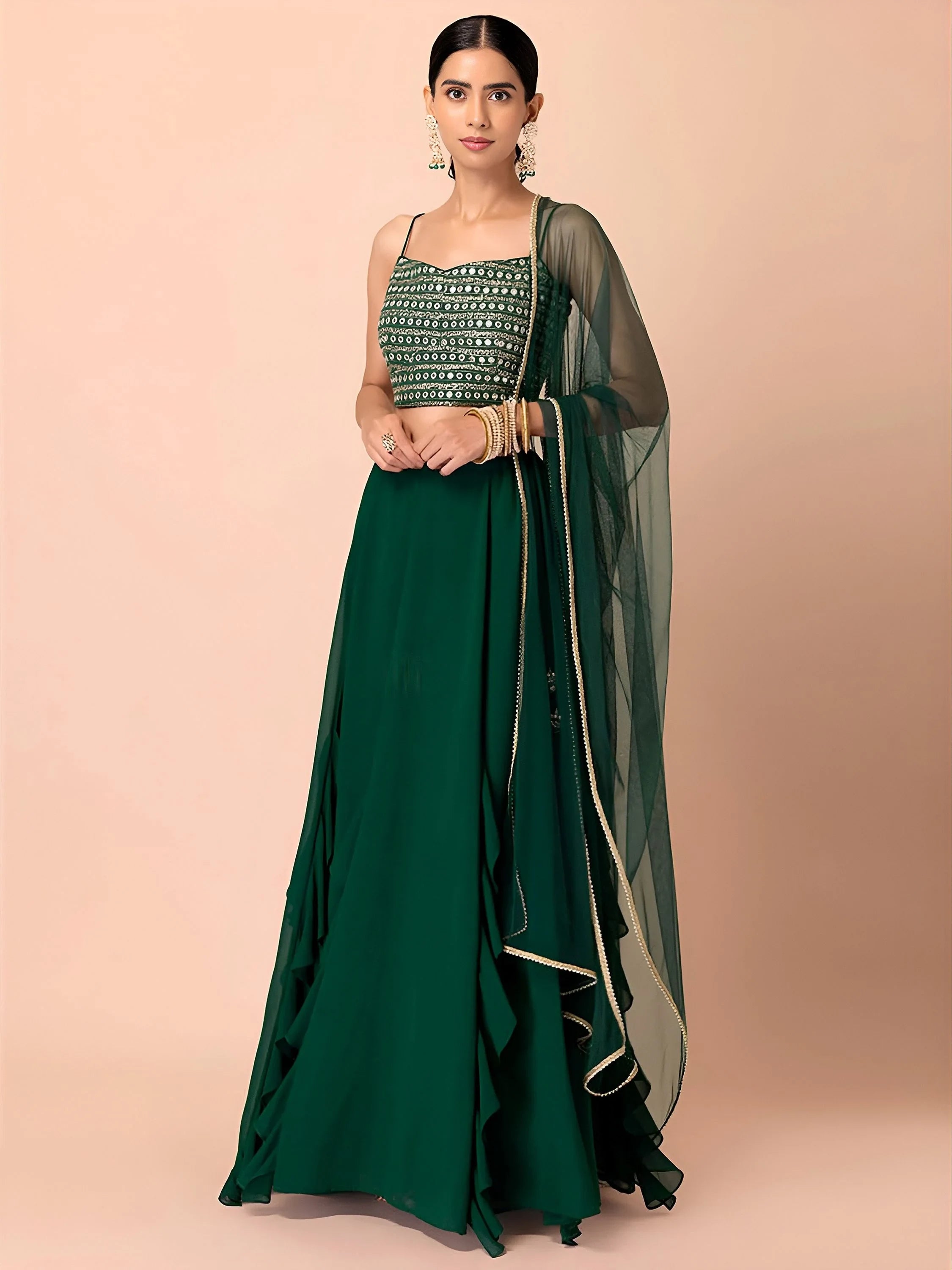 Beautiful Green Georgette Mehendi Wear Lehenga With Sequins Choli