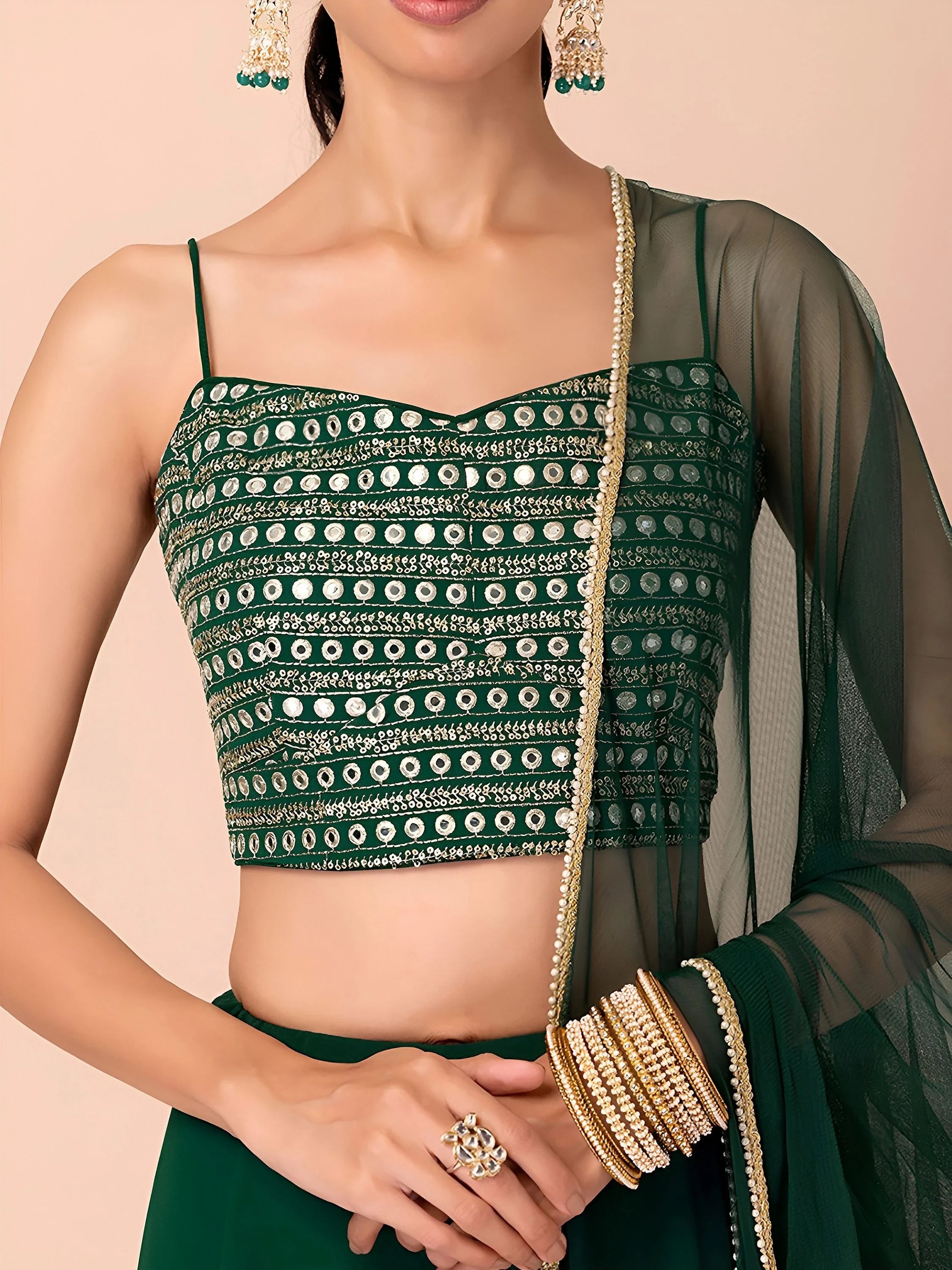 Beautiful Green Georgette Mehendi Wear Lehenga With Sequins Choli