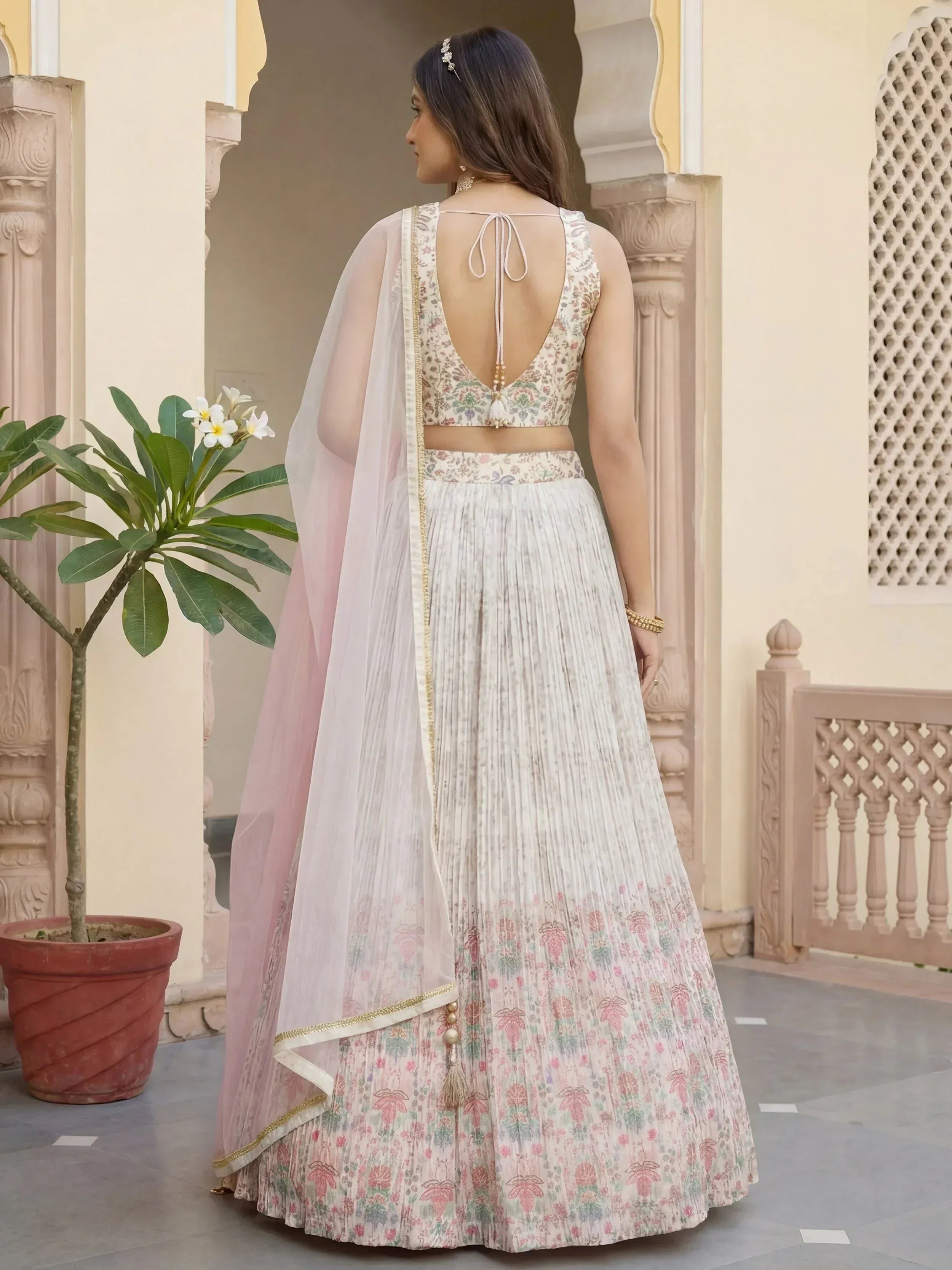 Pretty Off-White Digital Printed Georgette Festive Wear Lehenga Choli
