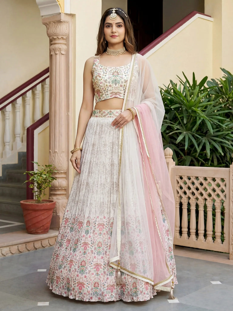 Pretty Off-White Digital Printed Georgette Festive Wear Lehenga Choli