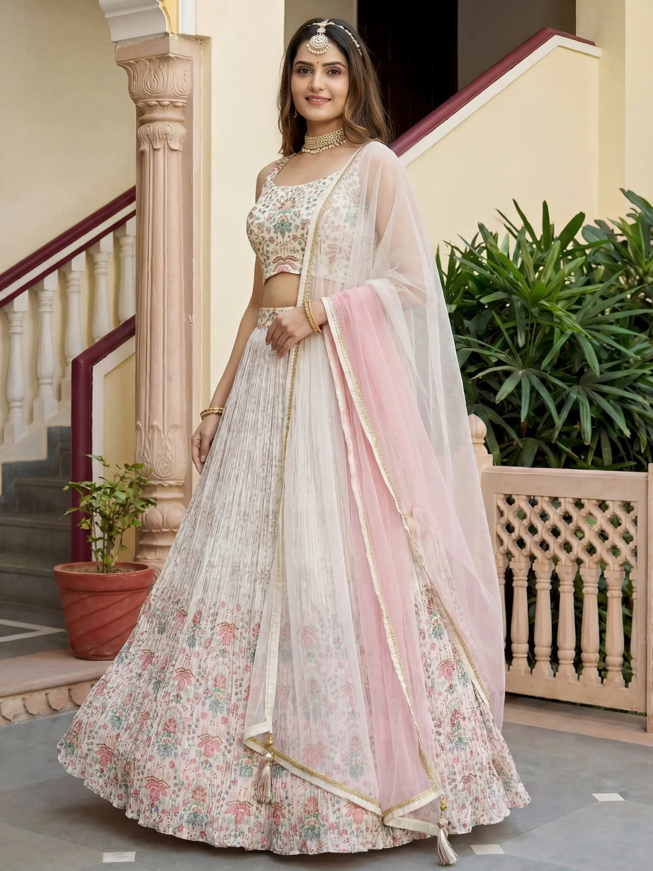 Pretty Off-White Digital Printed Georgette Festive Wear Lehenga Choli
