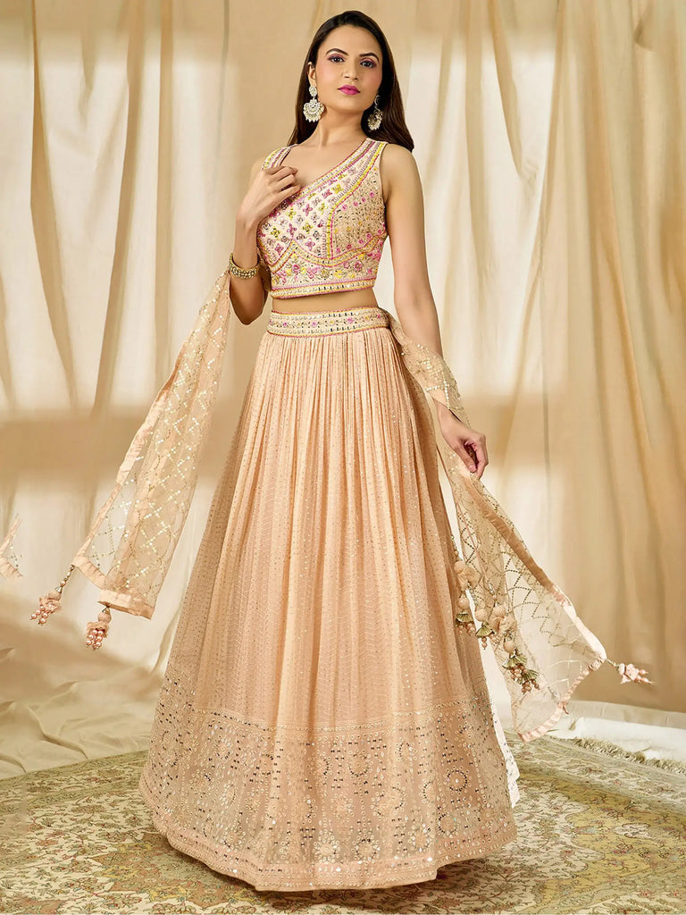 Beautiful Peach Thread Embroidered Georgette Wedding Lehenga Choli