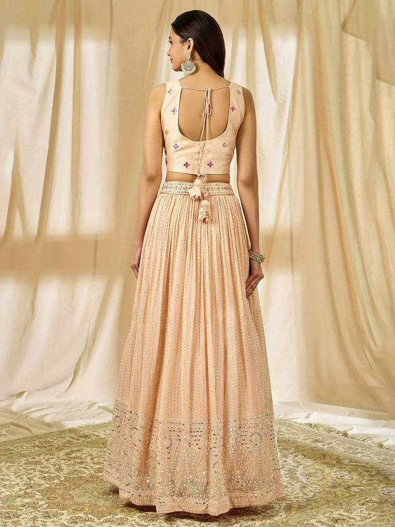 Beautiful Peach Thread Embroidered Georgette Wedding Lehenga Choli