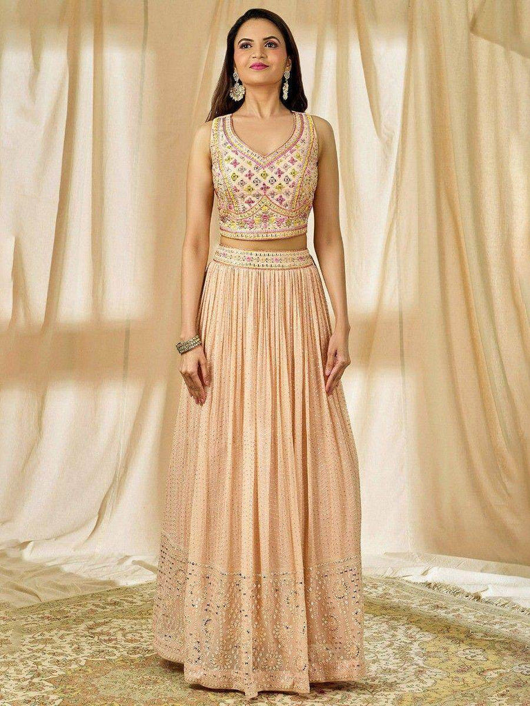 Beautiful Peach Thread Embroidered Georgette Wedding Lehenga Choli