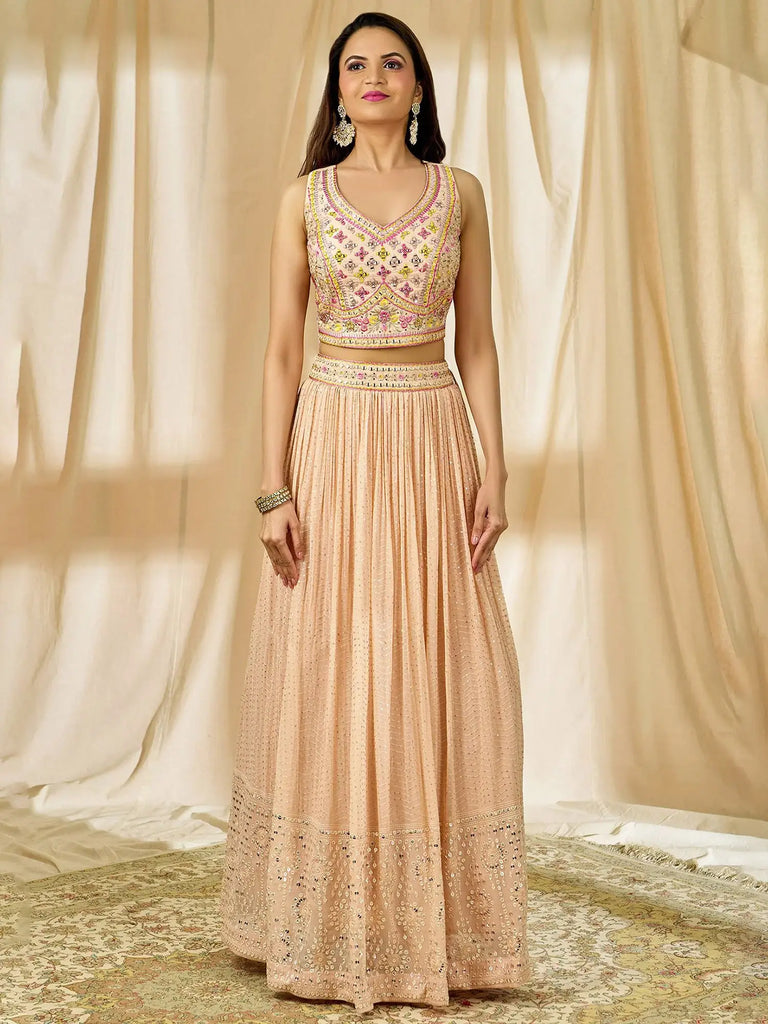 Beautiful Peach Thread Embroidered Georgette Wedding Lehenga Choli