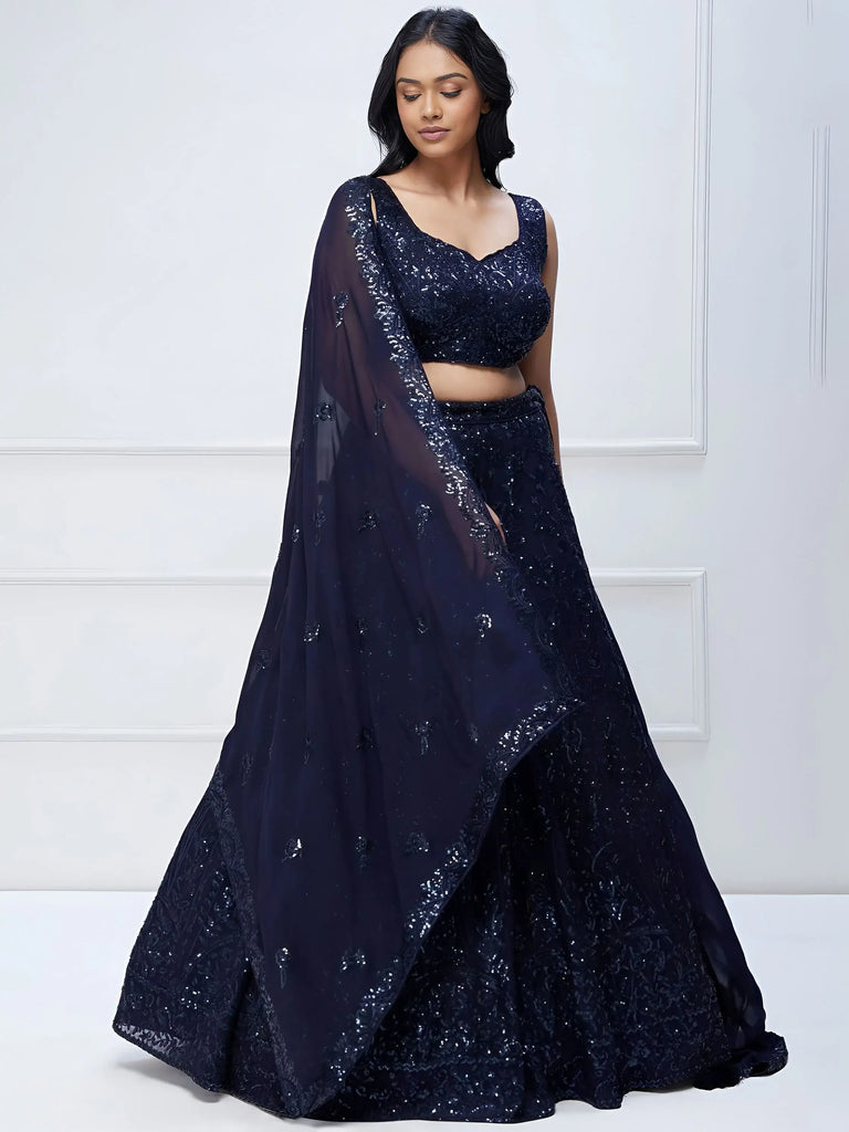 Amazing Navy Blue Sequins Georgette Reception Wear Lehenga Choli