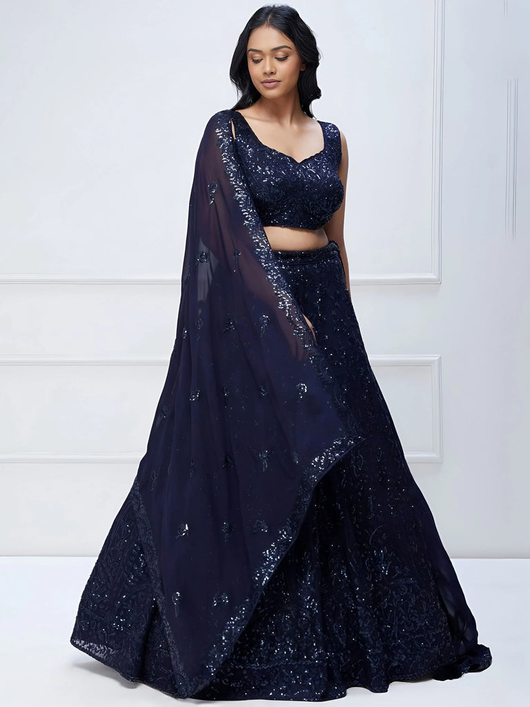 Amazing Navy Blue Sequins Georgette Reception Wear Lehenga Choli