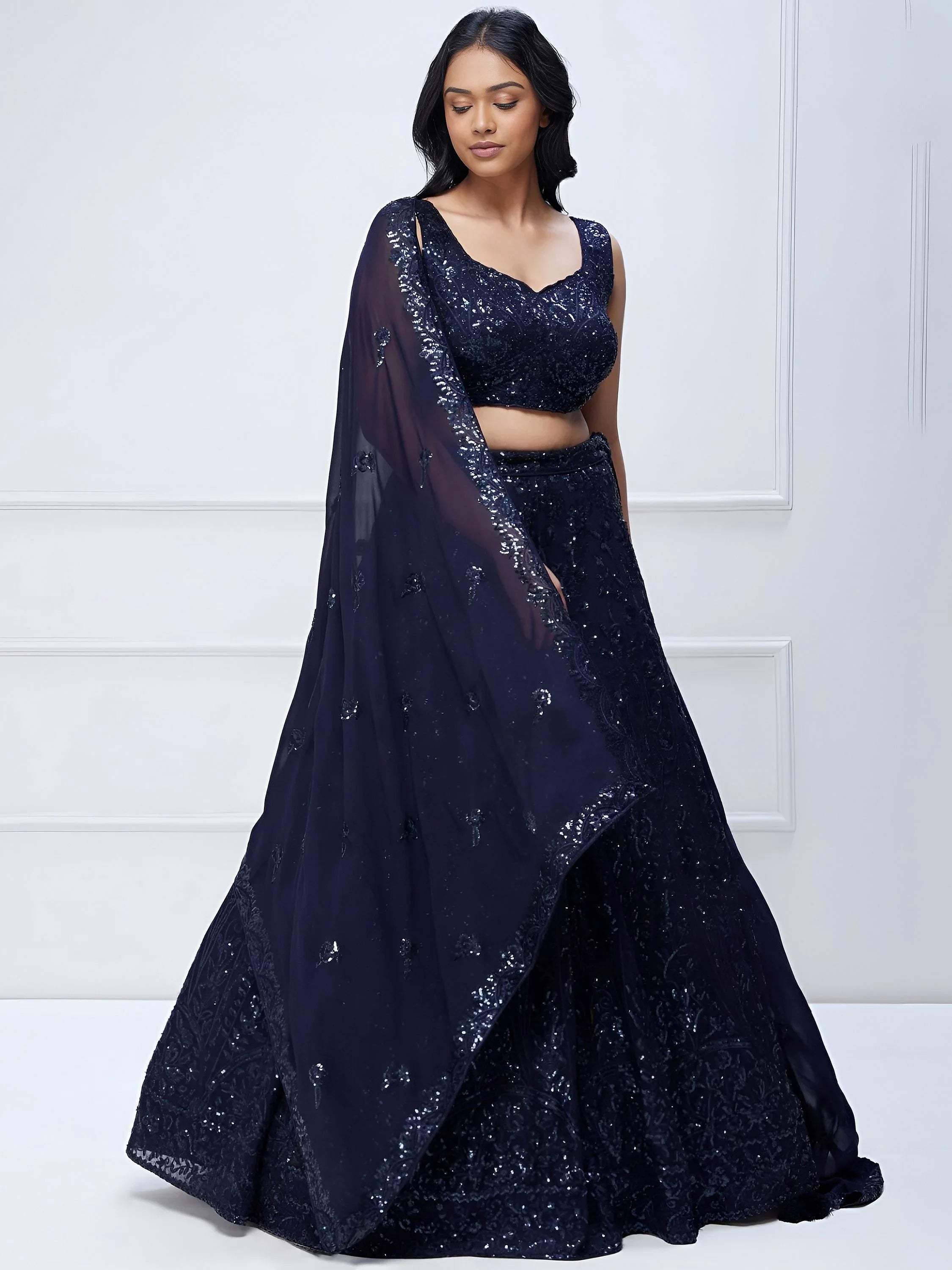 Amazing Navy Blue Sequins Georgette Reception Wear Lehenga Choli
