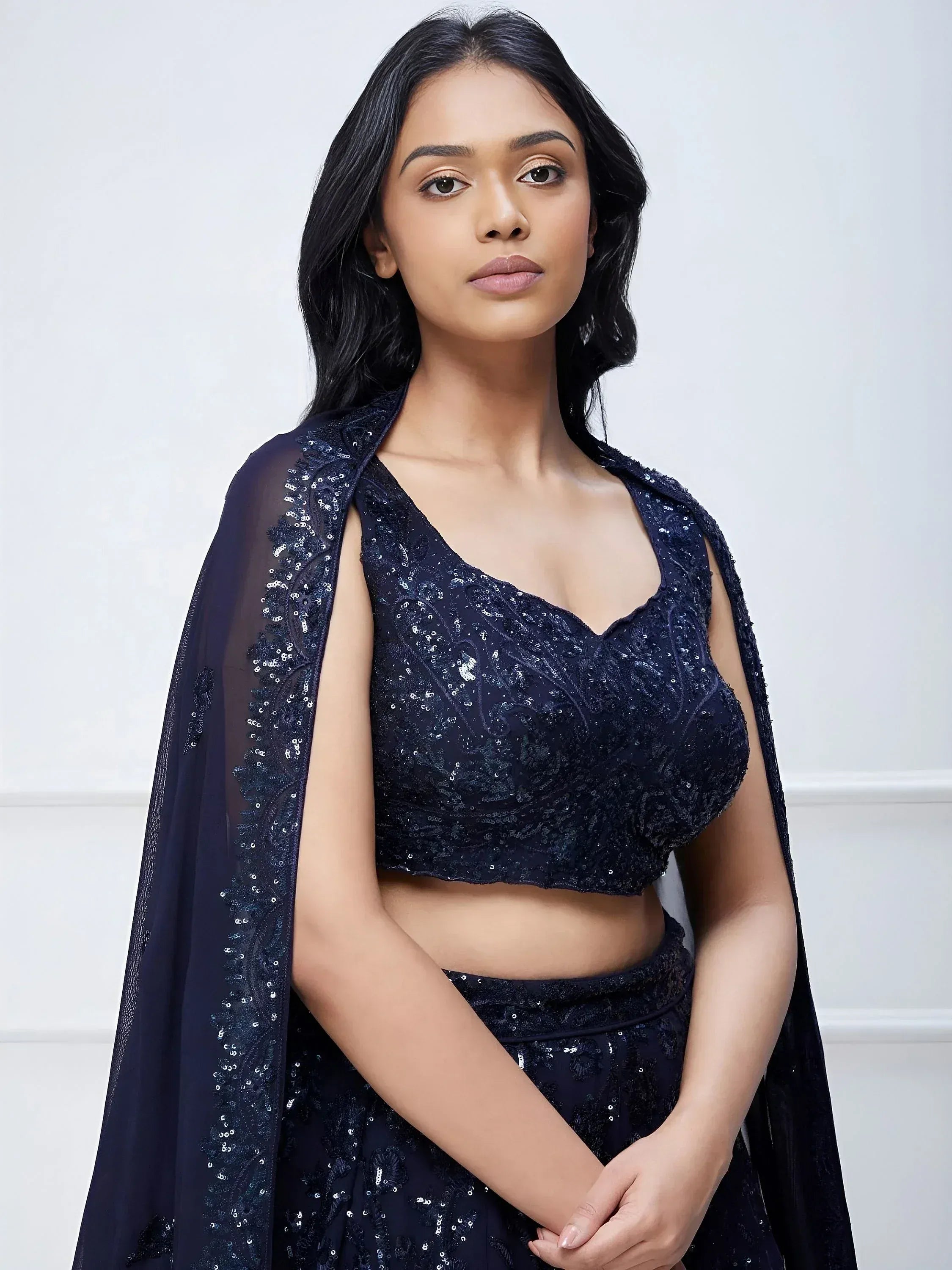 Navy blue sequined lehenga choli with cape, Indian ethnic wear for women