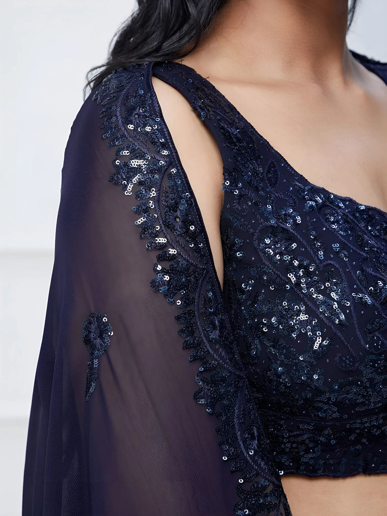 Amazing Navy Blue Sequins Georgette Reception Wear Lehenga Choli