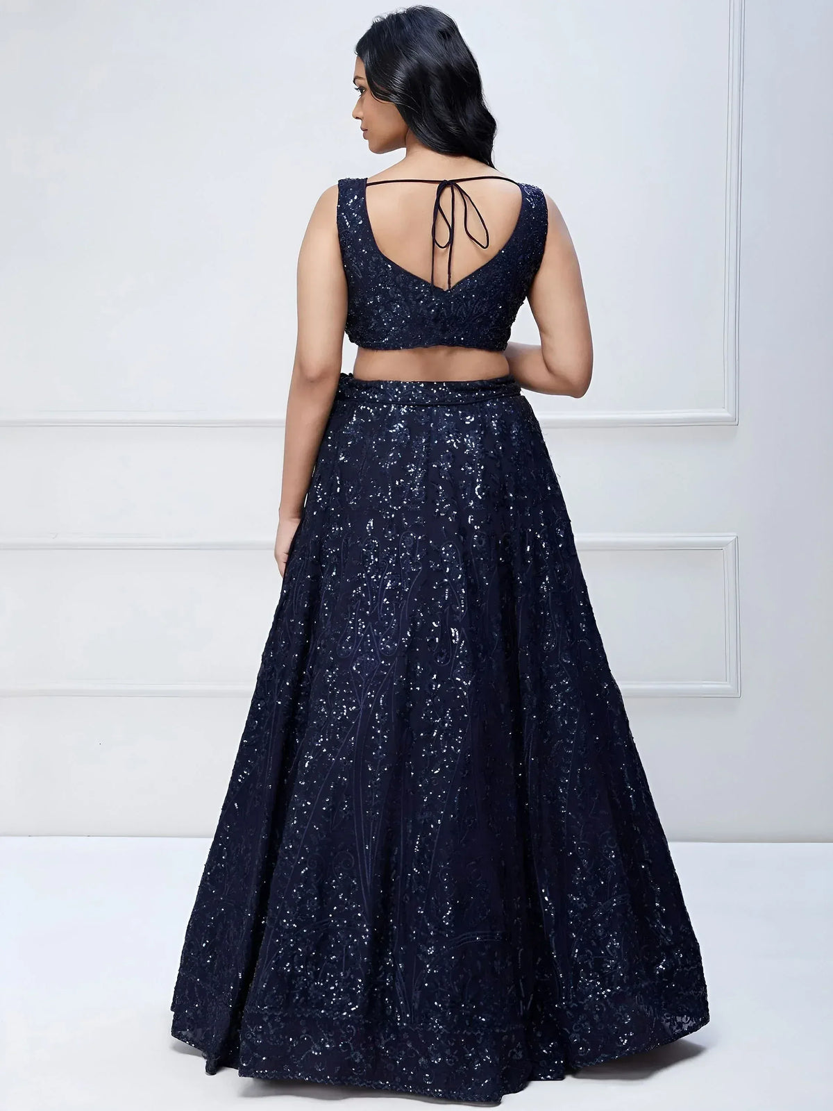 Navy blue sequin lehenga choli with back tie blouse, elegant Indian ethnic wear for weddings
