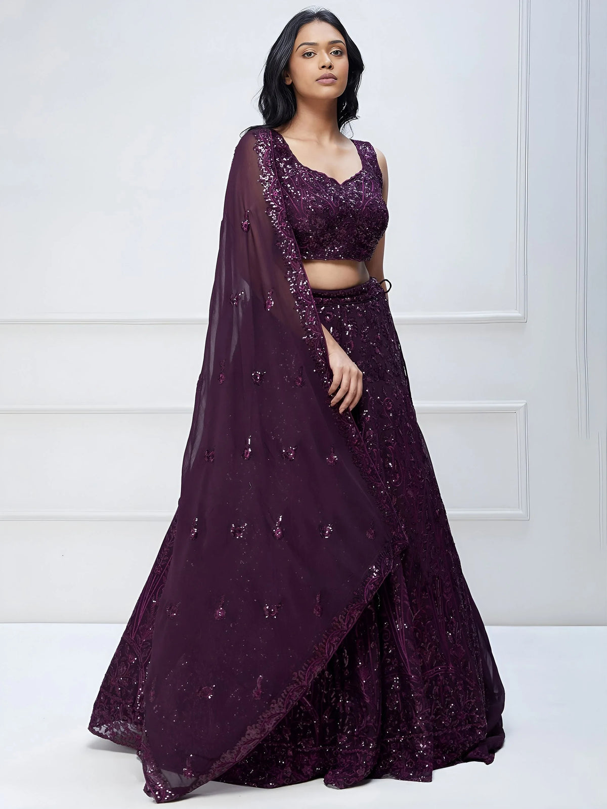 Wonderful Purple Sequins Georgette Party Wear Lehenga Choli