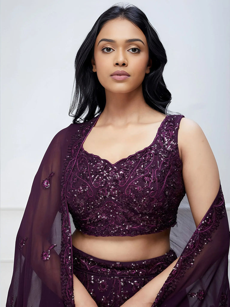 Wonderful Purple Sequins Georgette Party Wear Lehenga Choli