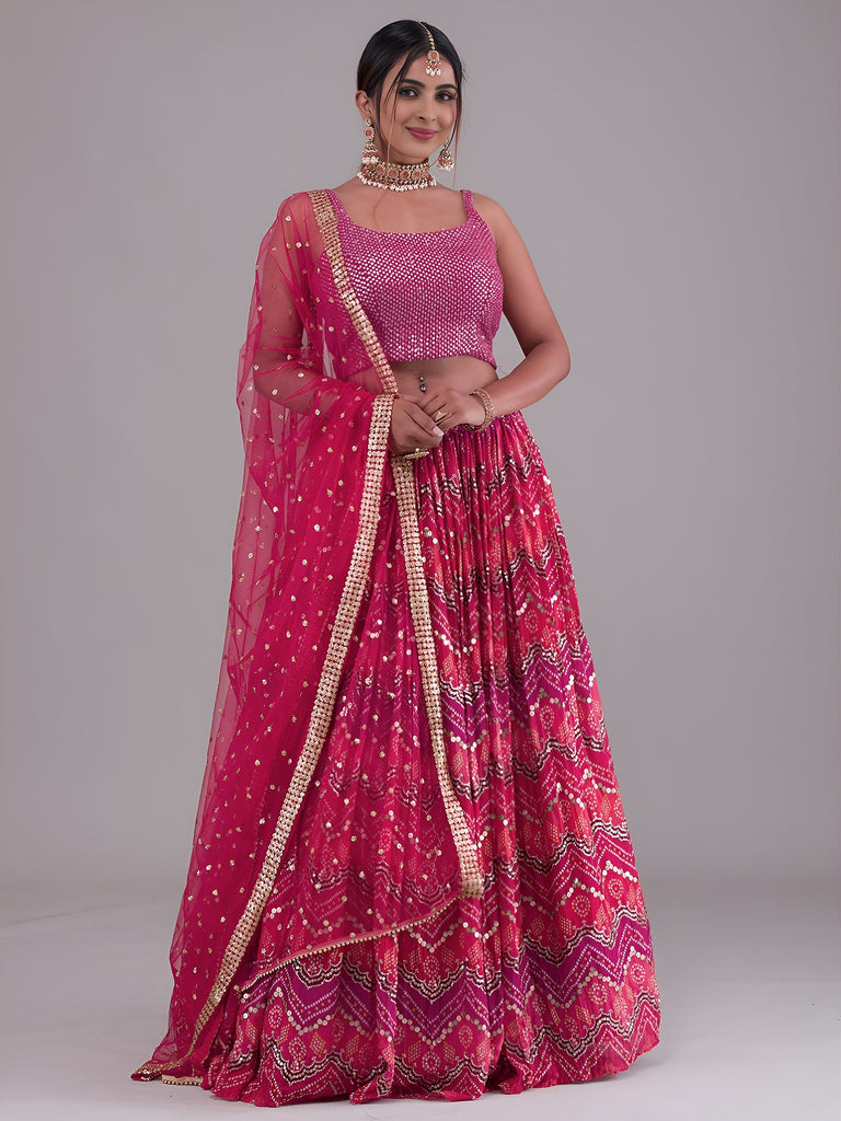 Glamorous Pink Digital Printed Georgette Wedding Wear Lehenga Choli 