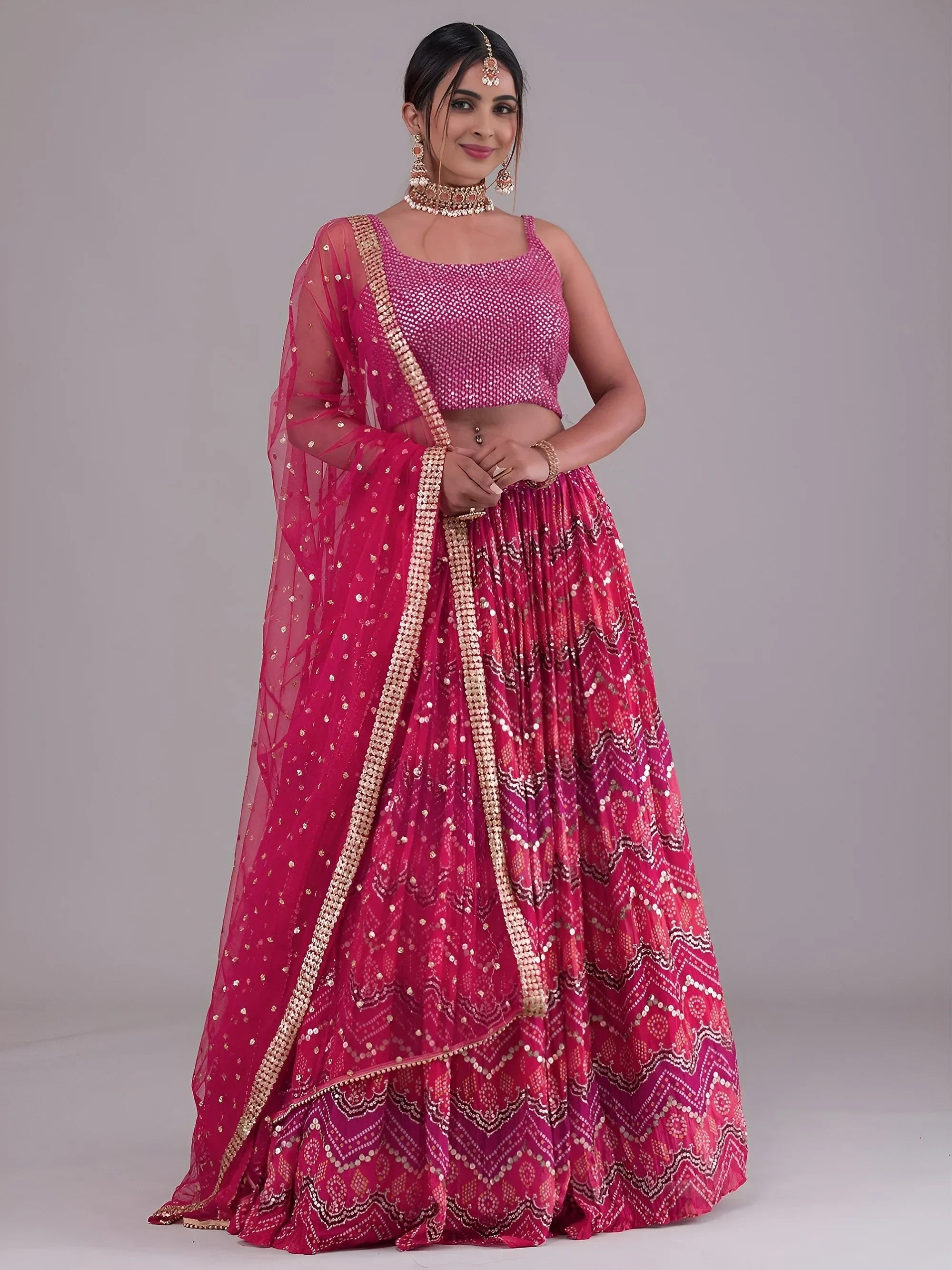 Glamorous Pink Digital Printed Georgette Wedding Wear Lehenga Choli 