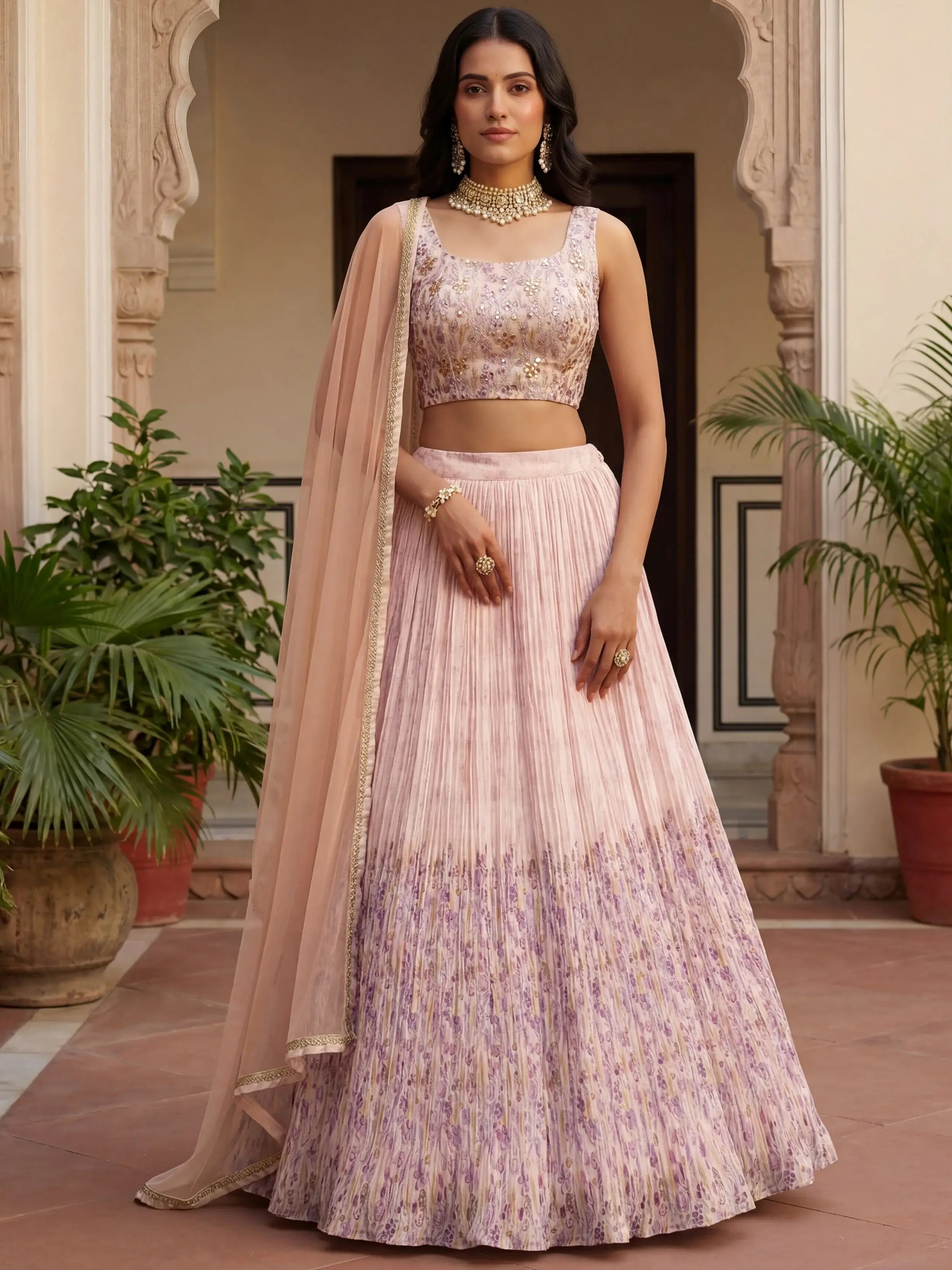 Precious Peach Floral Printed Georgette Wedding Wear Lehenga Choli