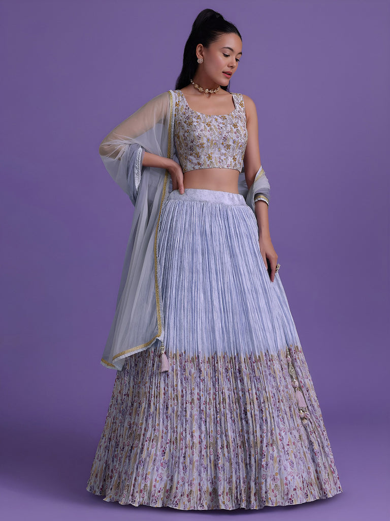 Delightful Blue Floral Printed Georgette Festival Wear Lehenga Choli