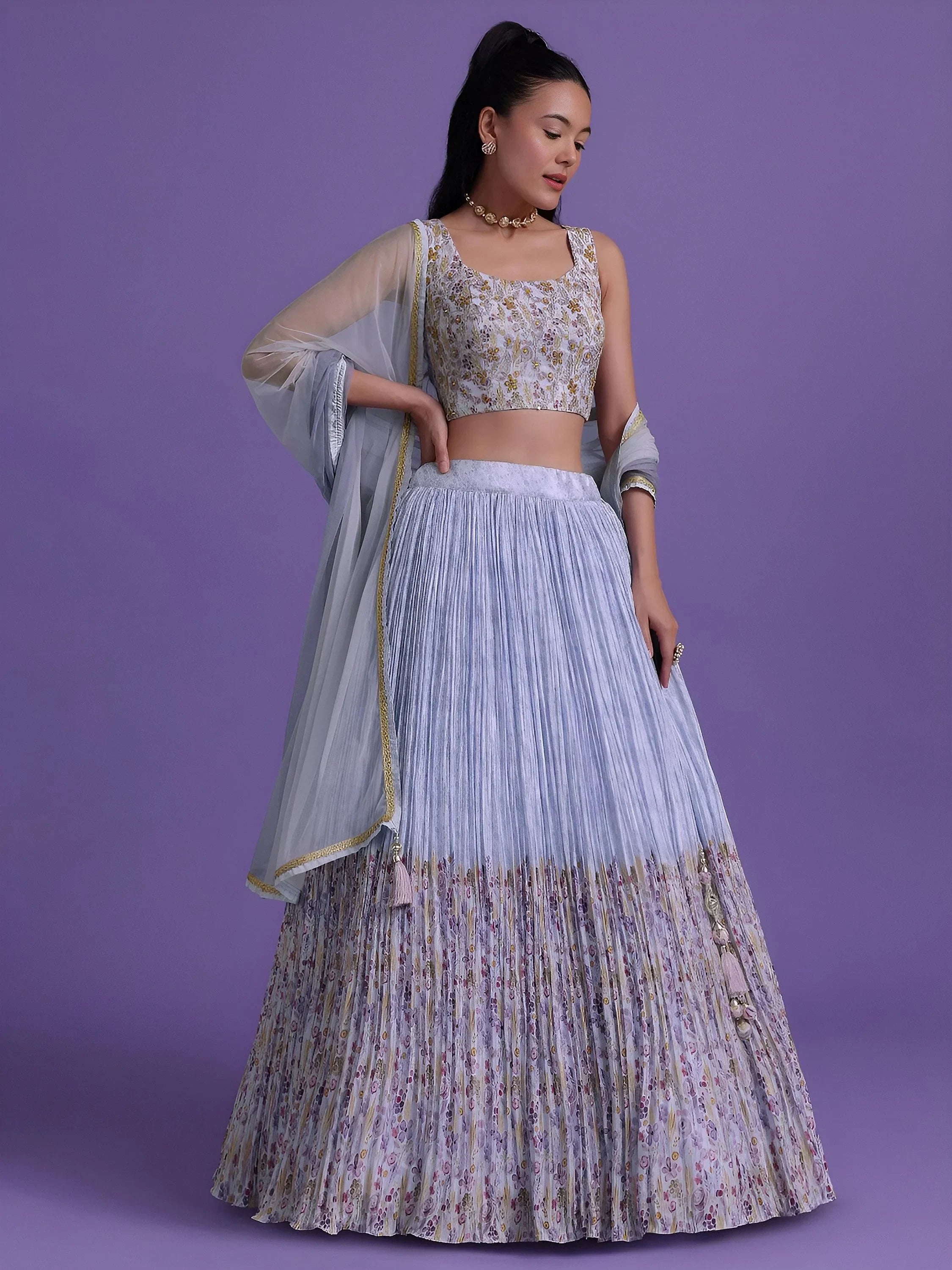 Delightful Blue Floral Printed Georgette Festival Wear Lehenga Choli