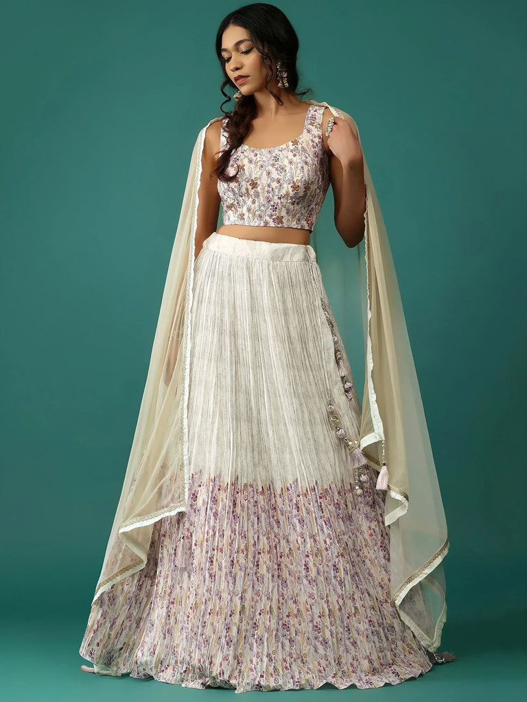 Elegant floral print lehenga choli with pleated skirt and sheer dupatta for Indian ethnic wear