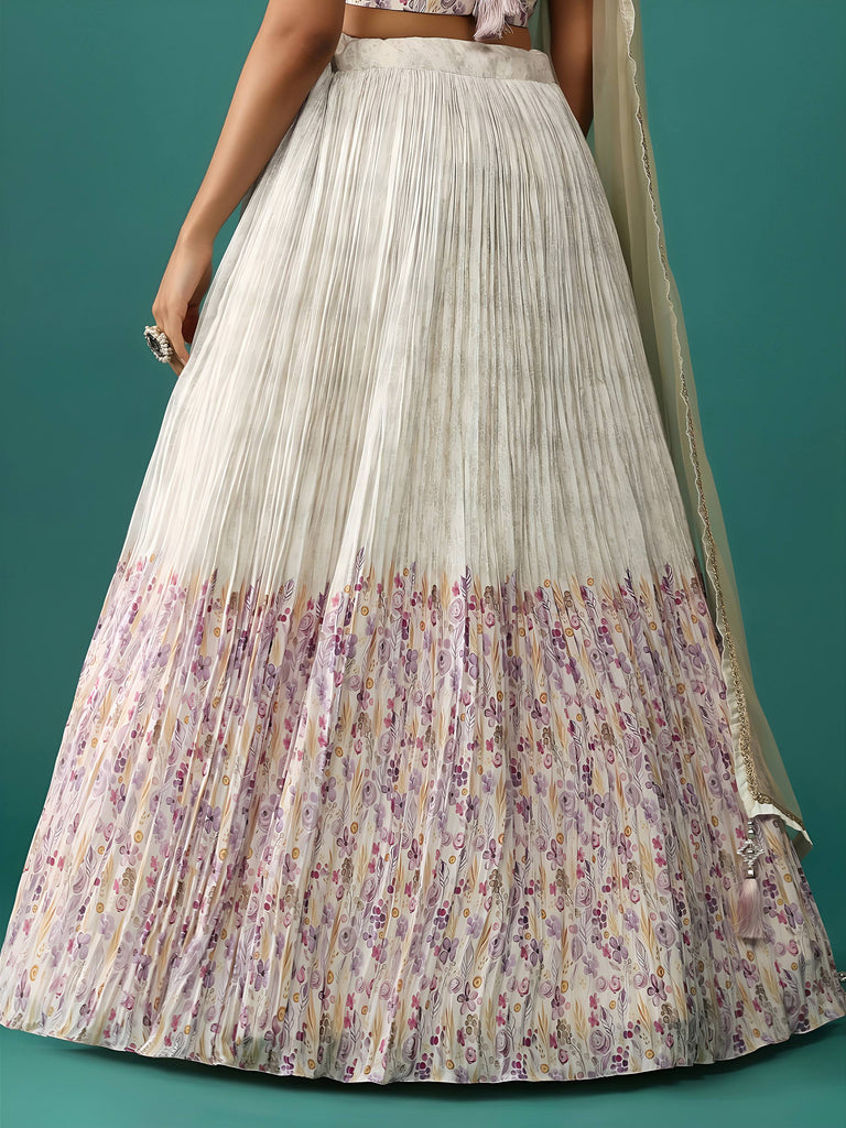 Stunning Off-White Floral Printed Georgette Traditional Lehenga Choli