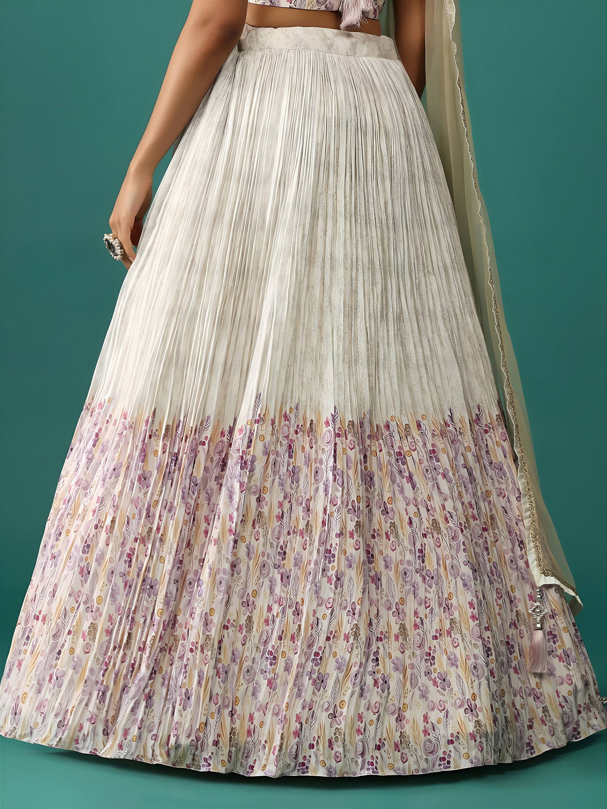 Floral printed pleated lehenga skirt with matching dupatta, ideal for Indian ethnic wear occasions