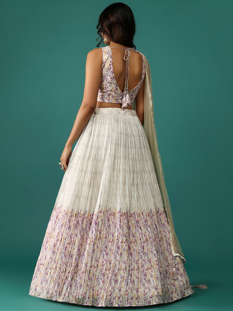 Stunning Off-White Floral Printed Georgette Traditional Lehenga Choli