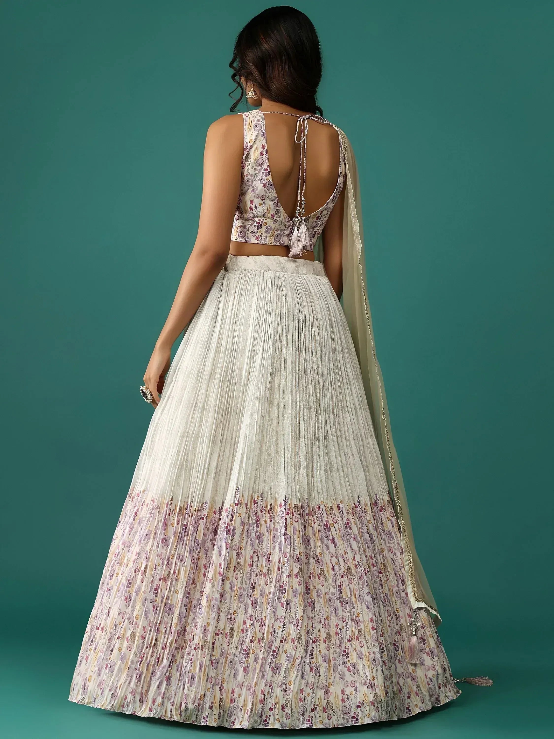 Floral print lehenga choli with pleated skirt and back tie blouse, ethnic Indian wear