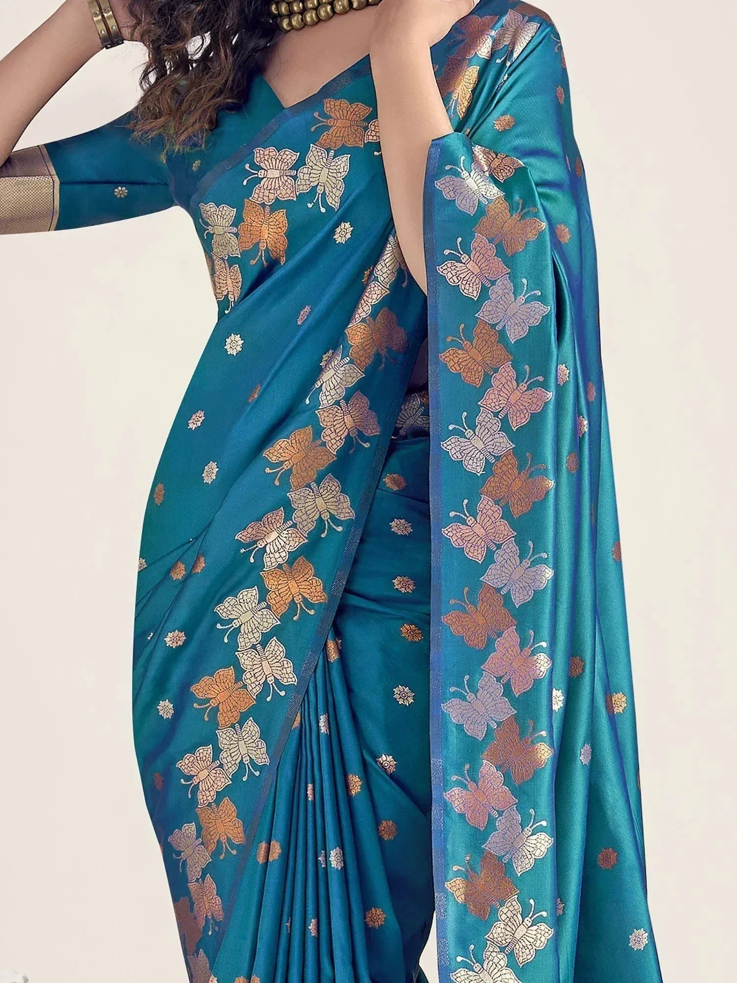 Teal saree with golden butterfly print, ethnic wear for women, designer saree with blouse