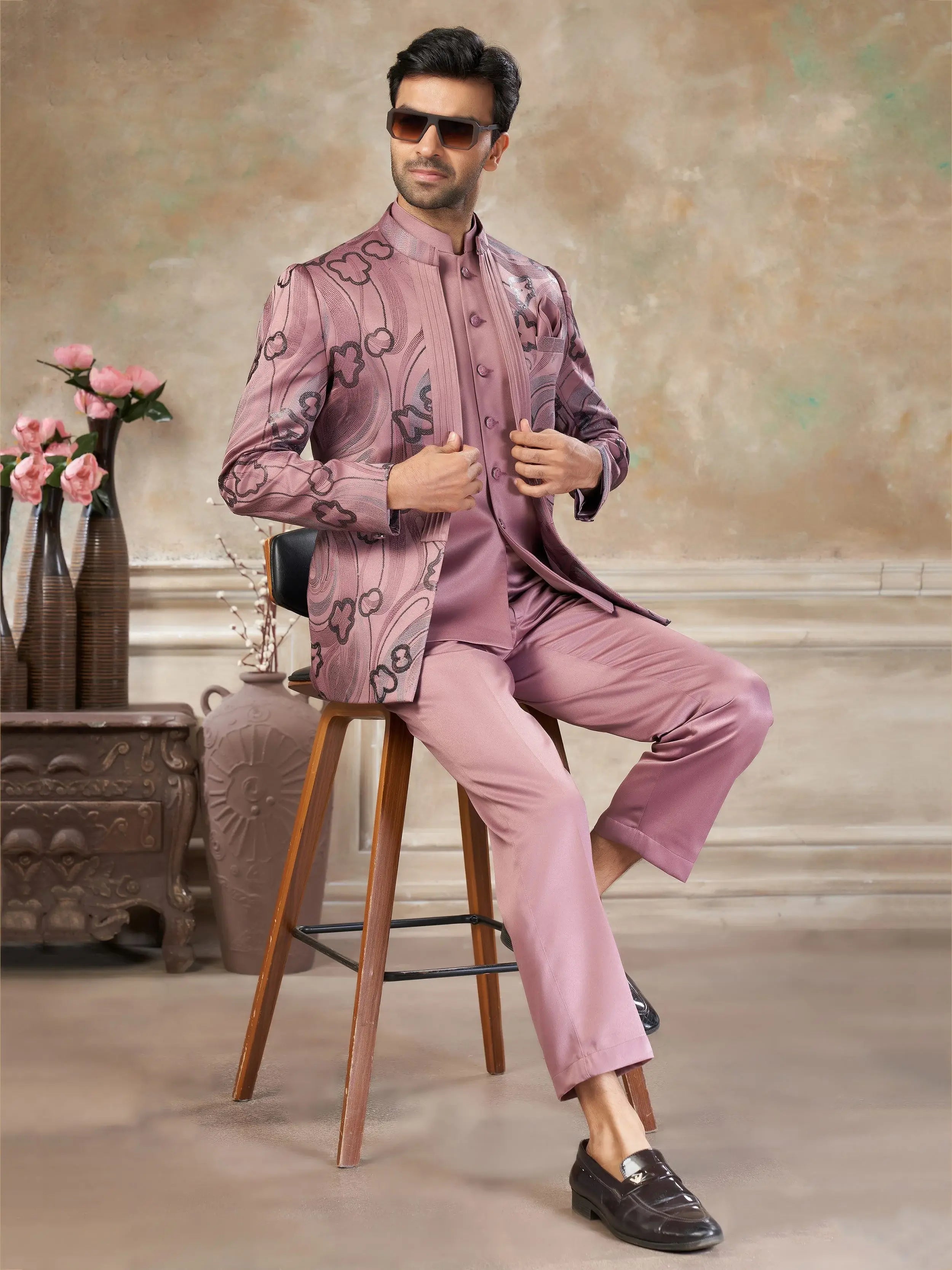 Alluring Pink Sequins Imported Wedding Wear Jodhpuri Set For Men
