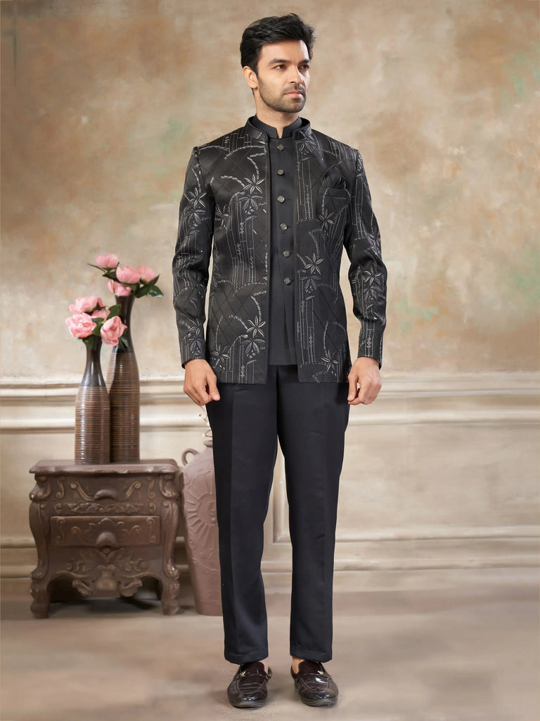 Amazing Black Embroidered Imported Wedding Wear Jodhpuri Set For Men