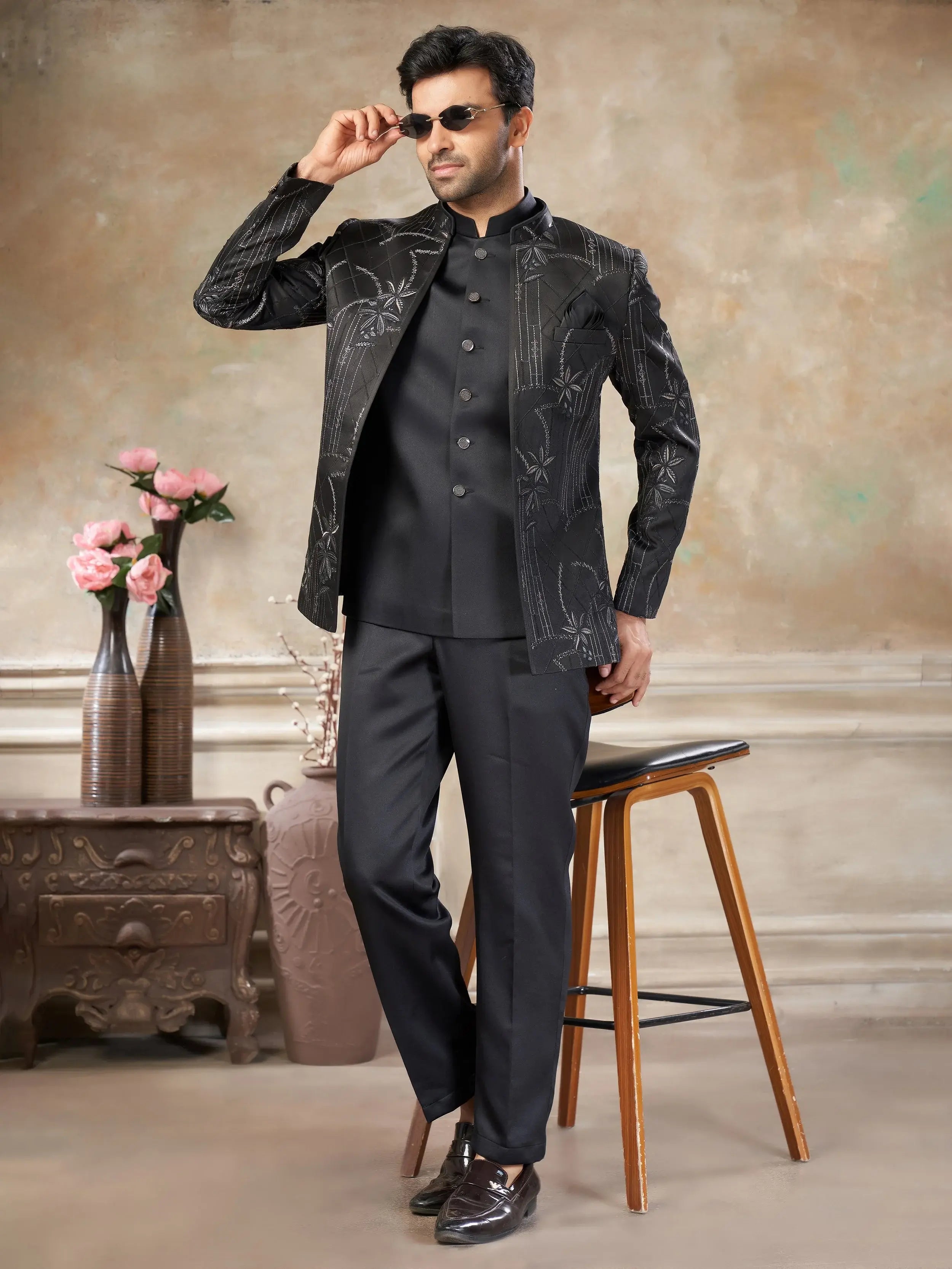 Amazing Black Embroidered Imported Wedding Wear Jodhpuri Set For Men