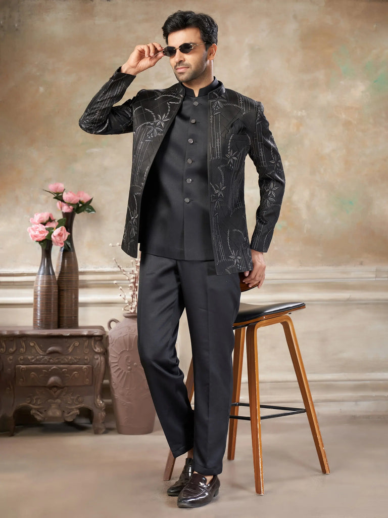 Amazing Black Embroidered Imported Wedding Wear Jodhpuri Set For Men