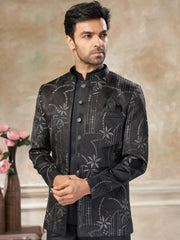 Amazing Black Embroidered Imported Wedding Wear Jodhpuri Set For Men