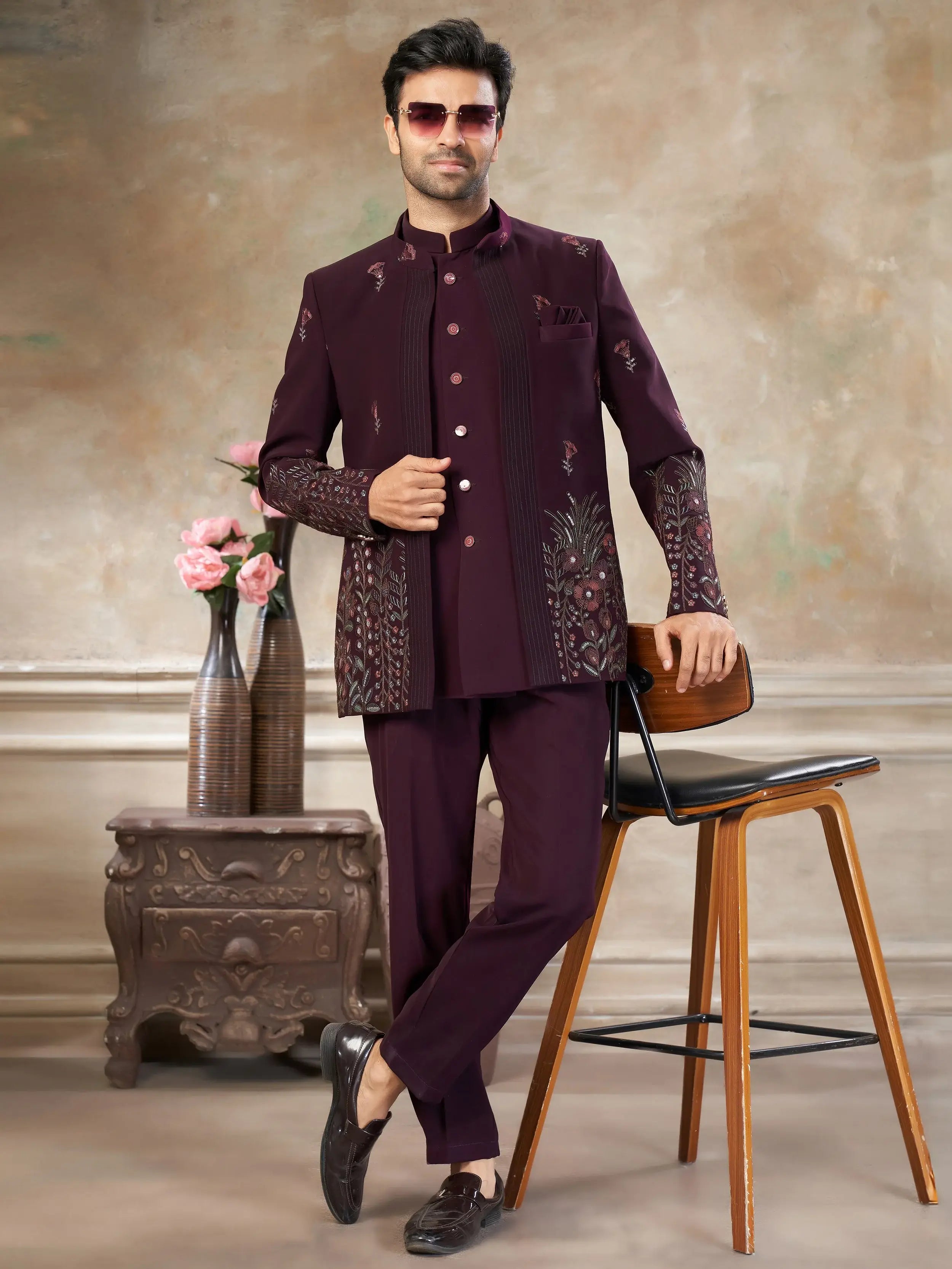 Charming Wine Embroidered Imported Reception Wear Jodhpuri Set For Men