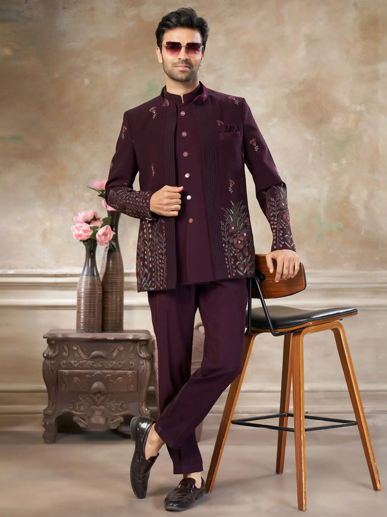 Charming Wine Embroidered Imported Reception Wear Jodhpuri Set For Men